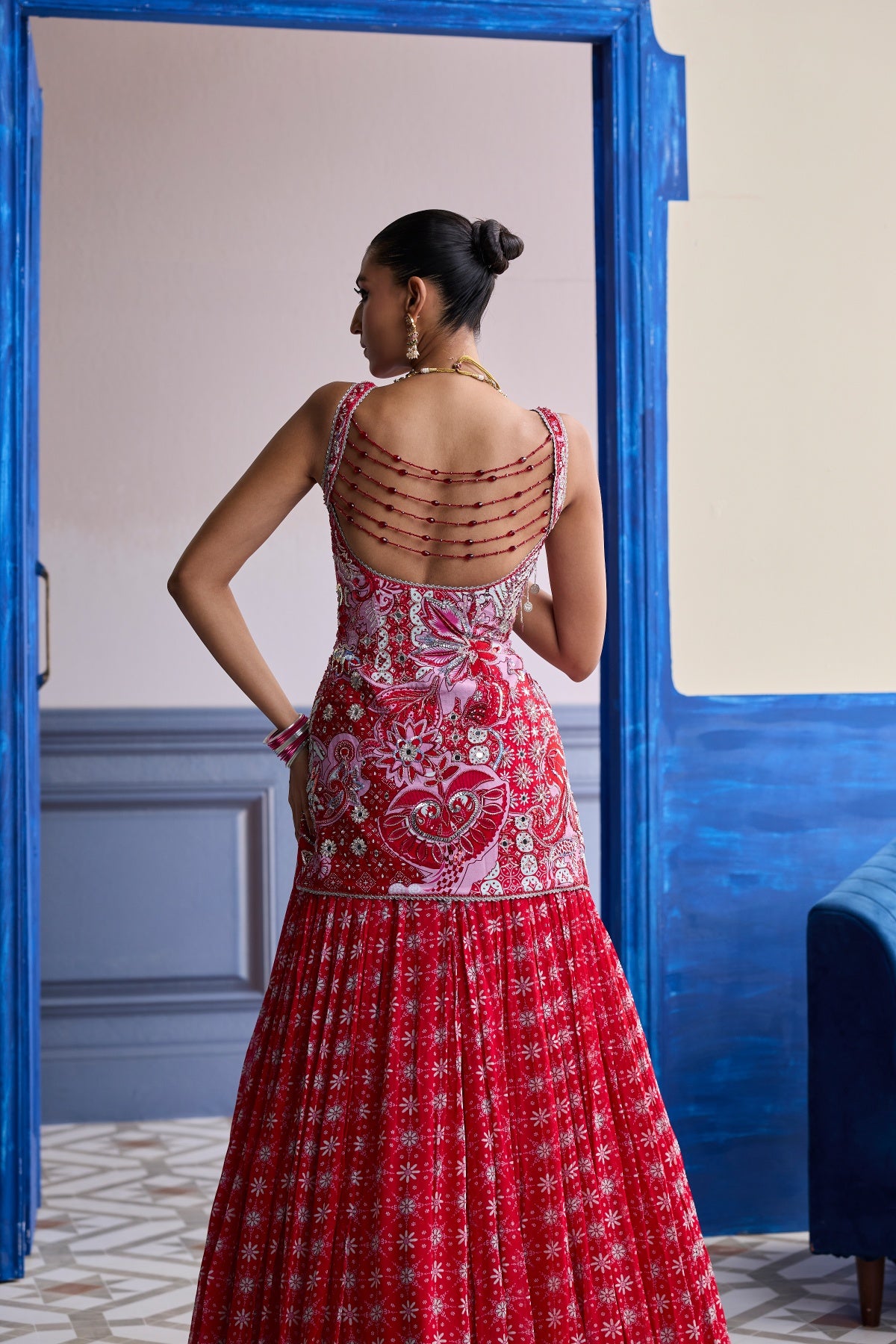 RED FLORAL SLIT KURTI WITH LEHENGA SET