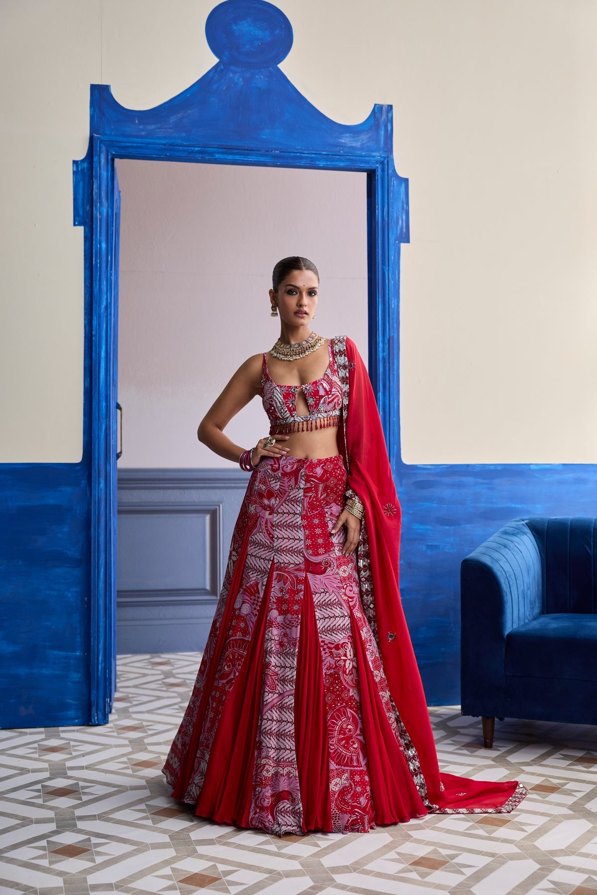 RED FLORAL BLOUSE WITH GODET SKIRT & EMBROIDERED DUPATTA SET