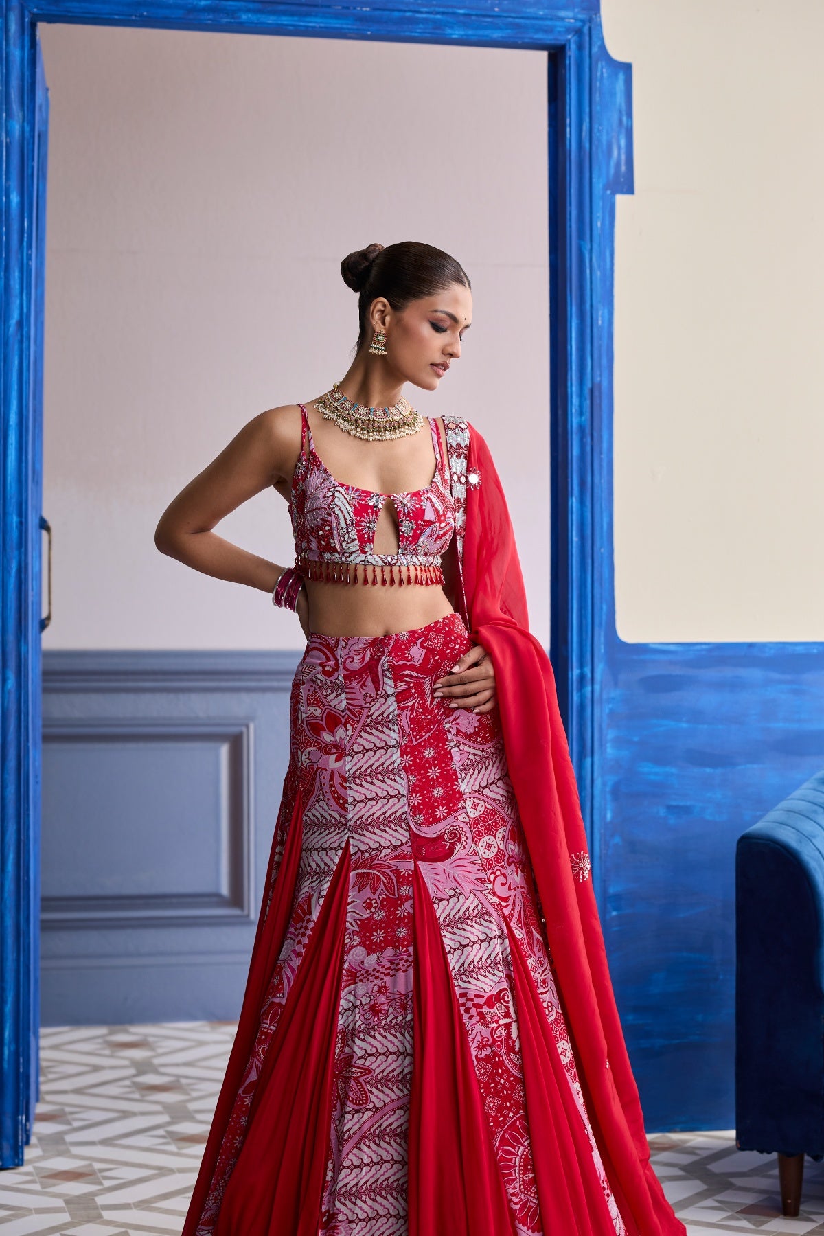 RED FLORAL BLOUSE WITH GODET SKIRT & EMBROIDERED DUPATTA SET