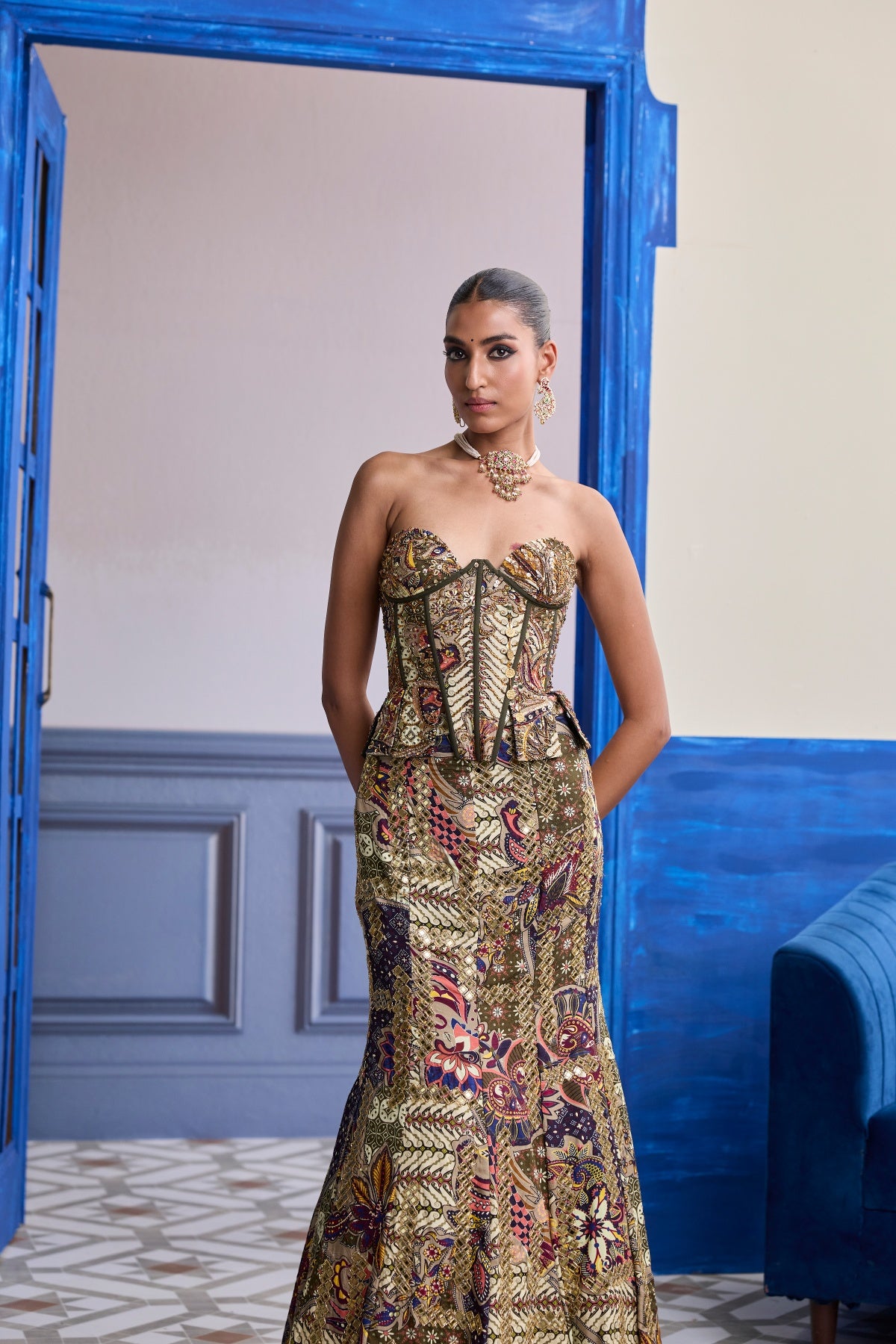 OLIVE PRINT CORSET WITH HIGHLIGHTED MERMAID SKIRT SET