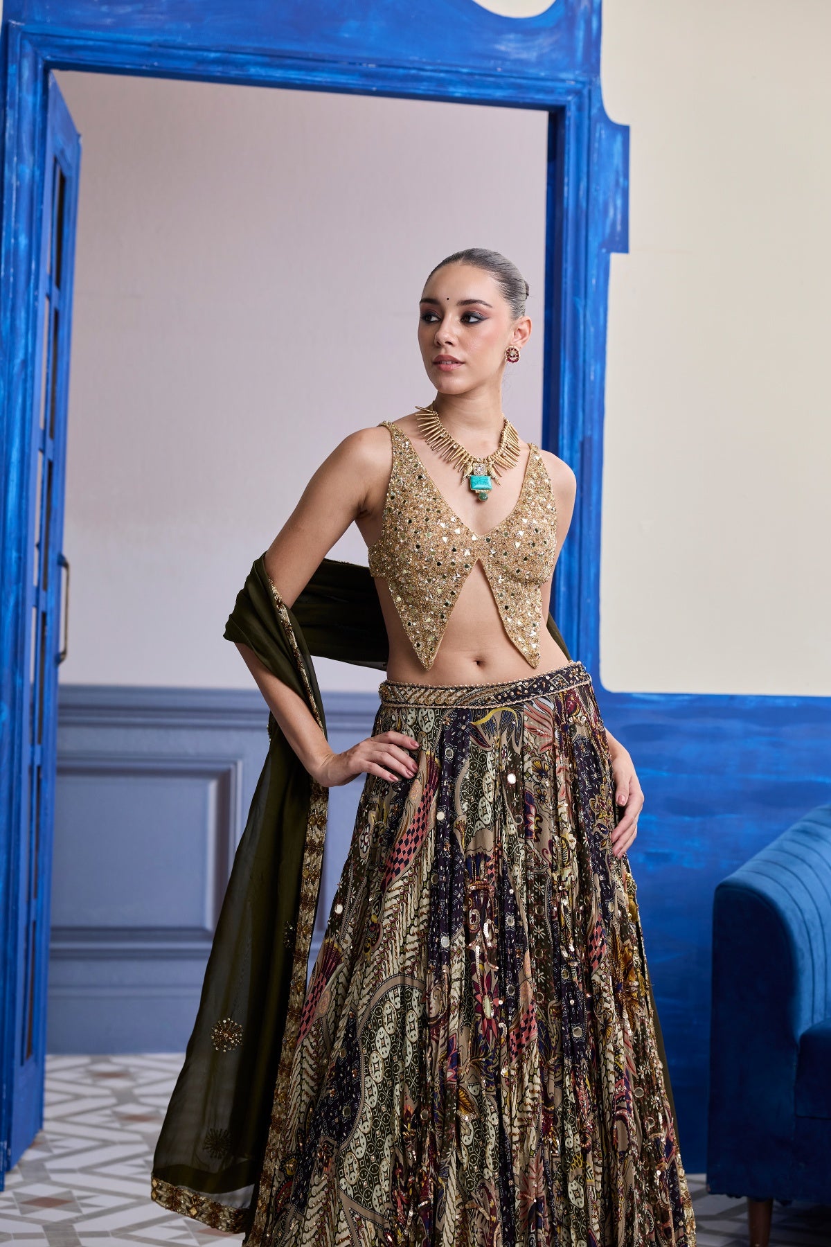 GOLD EMBROIDERED BLOUSE WITH HIGHLIGHTED LEHENGA & EMBROIDERED DUPATTA SET