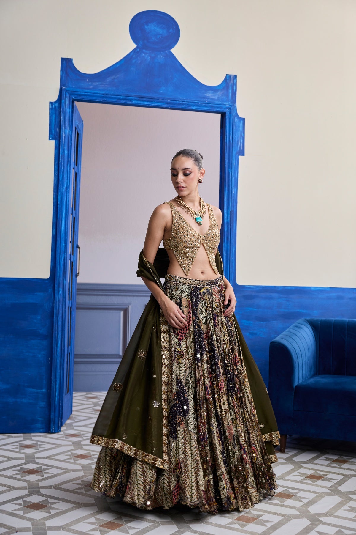 GOLD EMBROIDERED BLOUSE WITH HIGHLIGHTED LEHENGA & EMBROIDERED DUPATTA SET