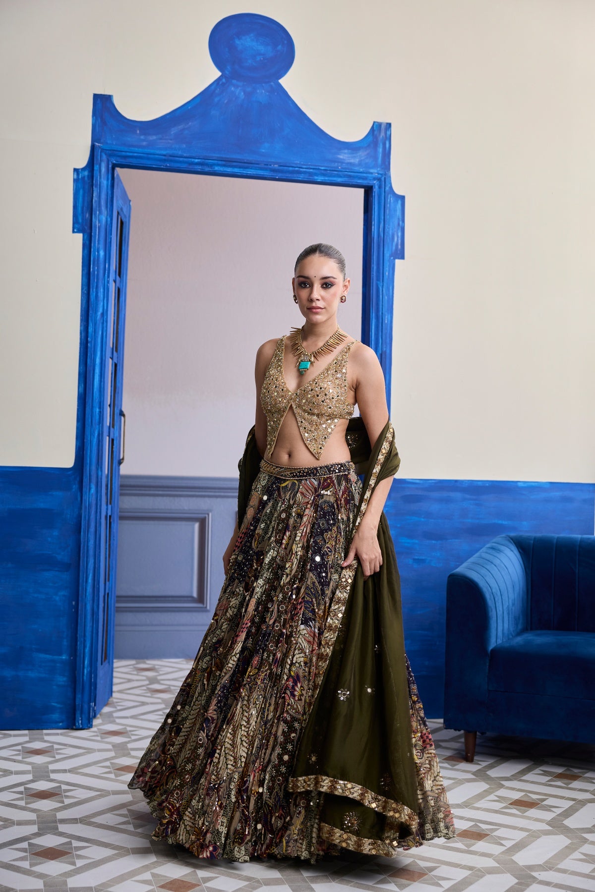 GOLD EMBROIDERED BLOUSE WITH HIGHLIGHTED LEHENGA & EMBROIDERED DUPATTA SET