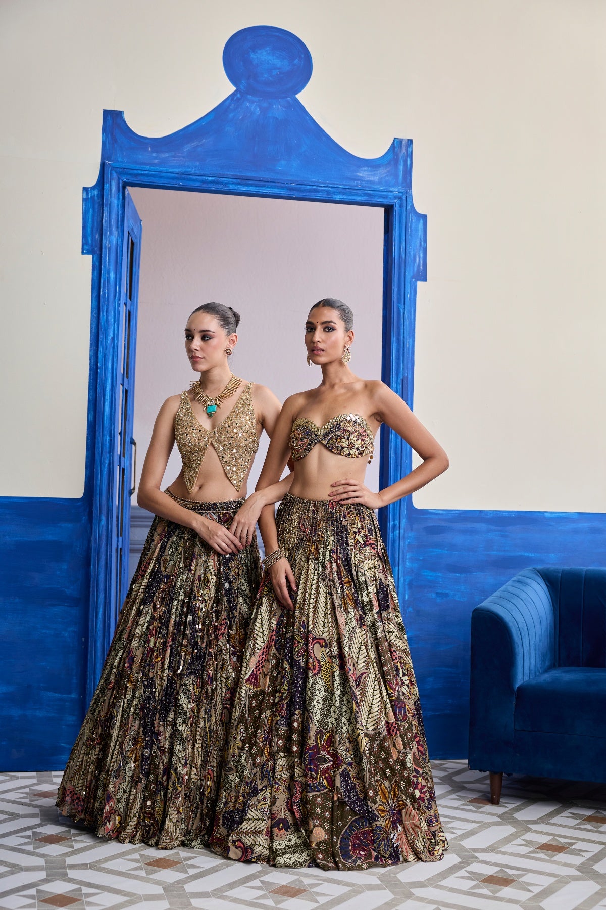 GOLD EMBROIDERED BLOUSE WITH HIGHLIGHTED LEHENGA & EMBROIDERED DUPATTA SET