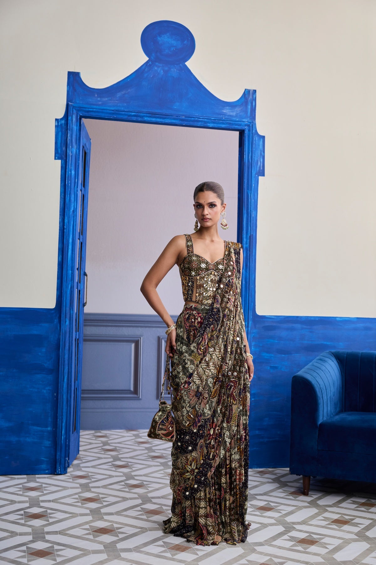 OLIVE PRINT CORSET WITH DRAPE TIERED SKIRT SAREE SET