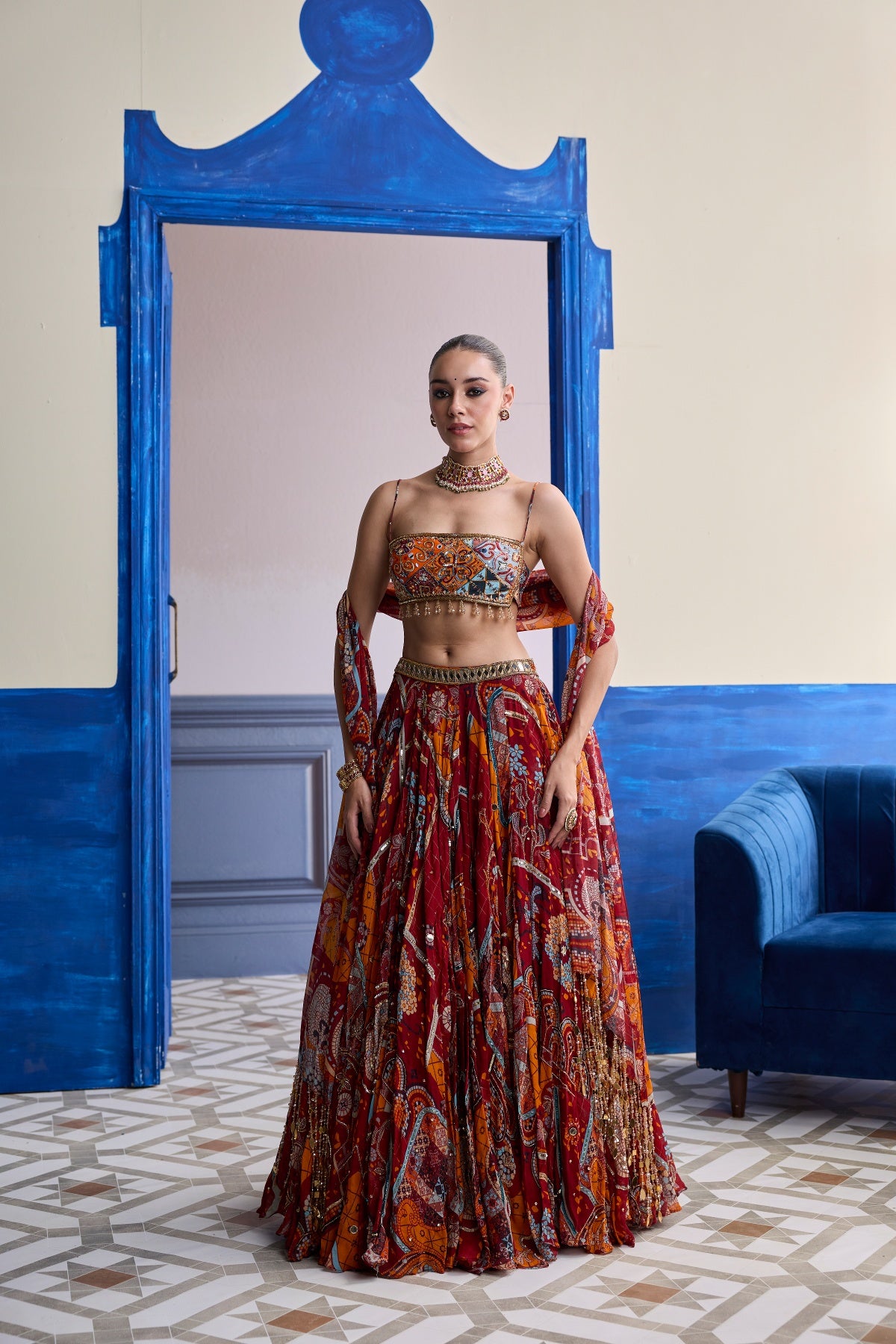 RUST MOSAIC SQUARE NECK BLOUSE WITH LEHENGA & TASSEL DUPATTA SET
