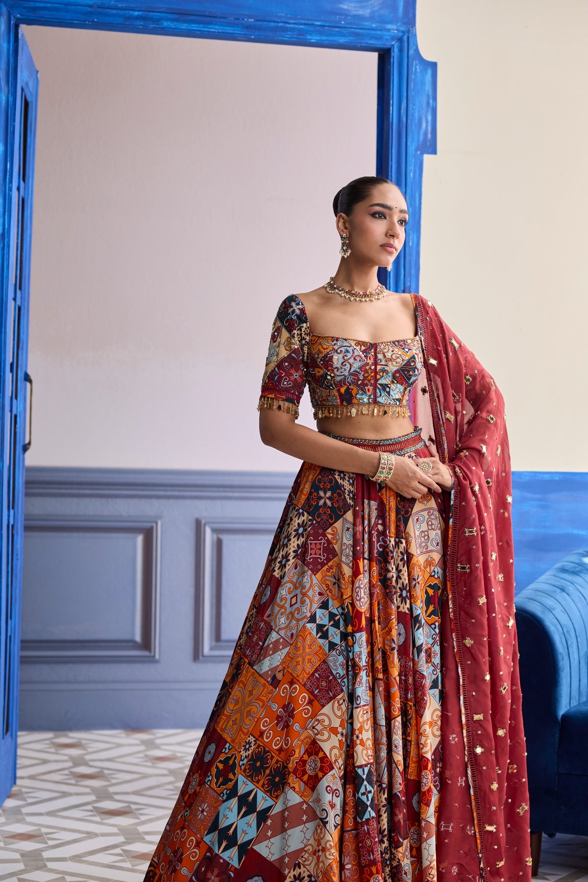 RUST HIGHLIGHTED BLOUSE WITH LEHENGA & EMBROIDERED DUPATTA SET