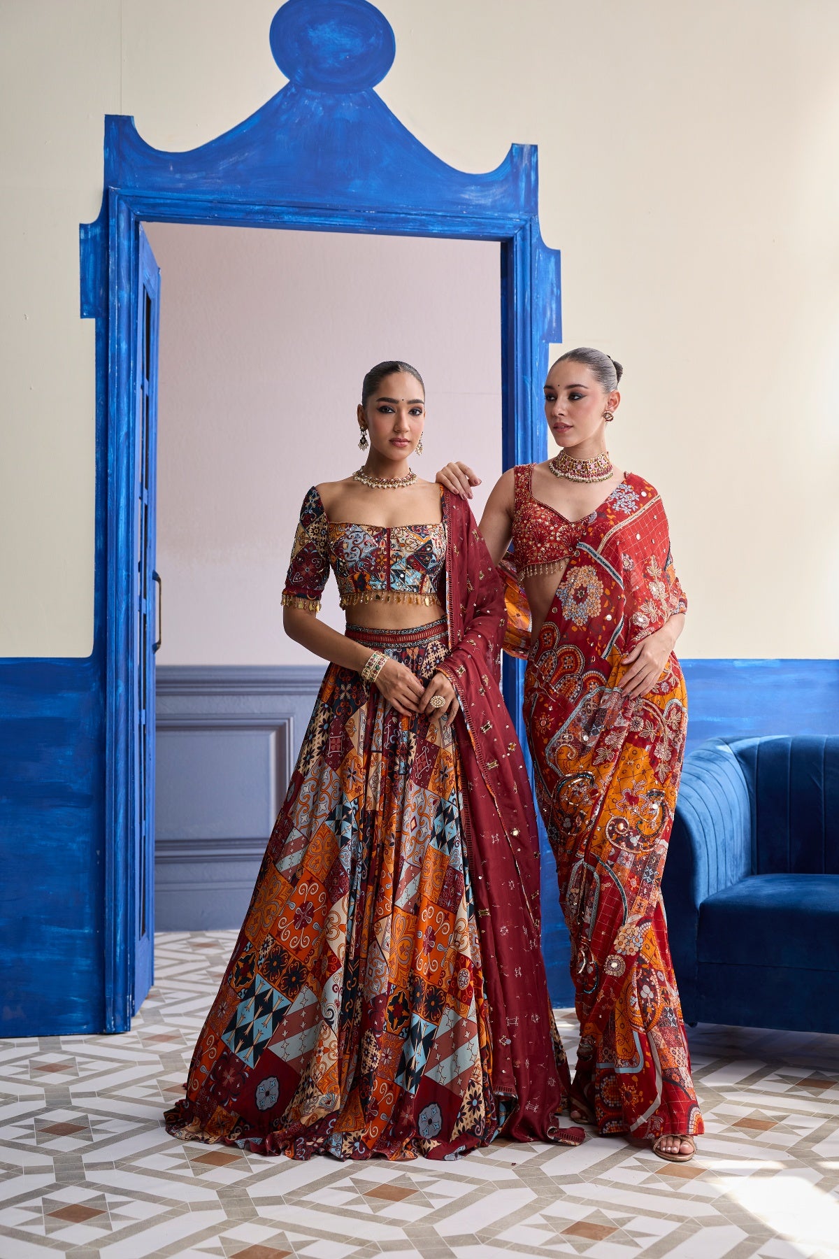 RUST HIGHLIGHTED BLOUSE WITH LEHENGA & EMBROIDERED DUPATTA SET