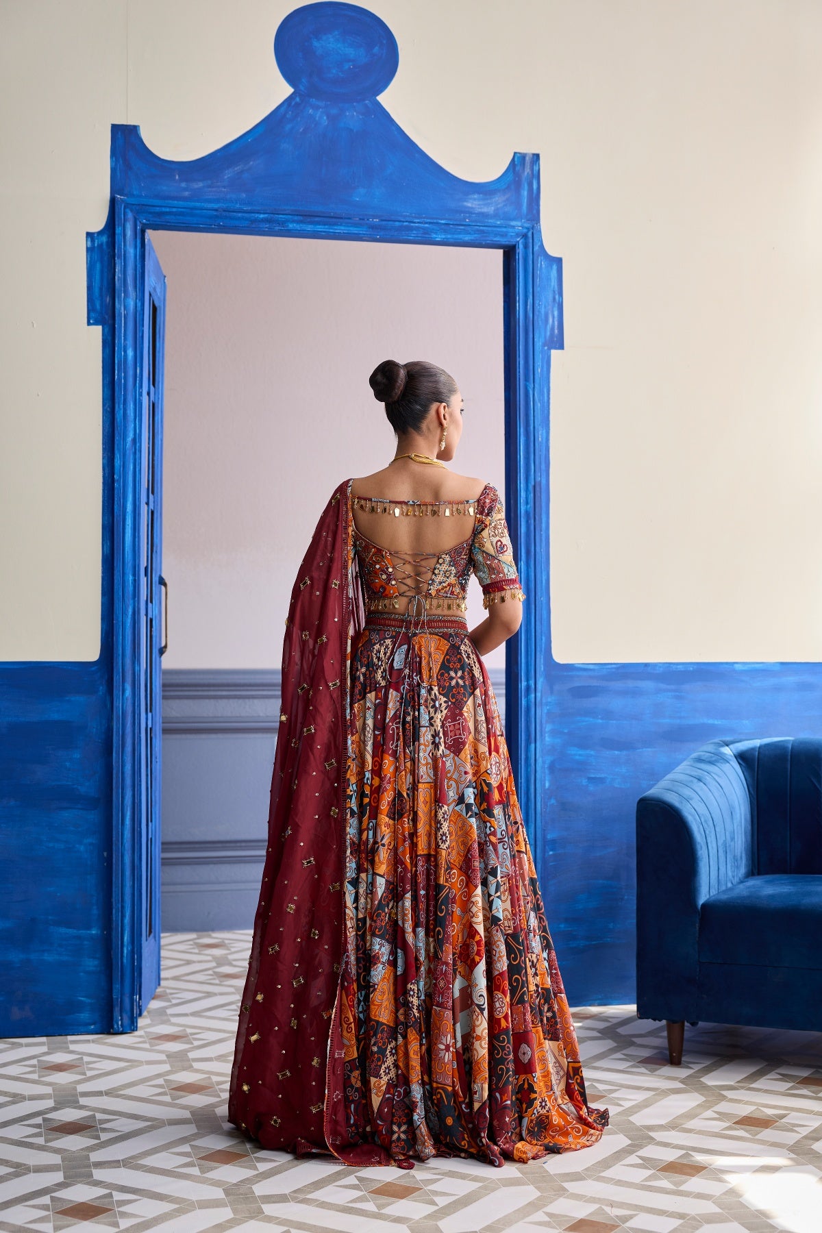 RUST HIGHLIGHTED BLOUSE WITH LEHENGA & EMBROIDERED DUPATTA SET