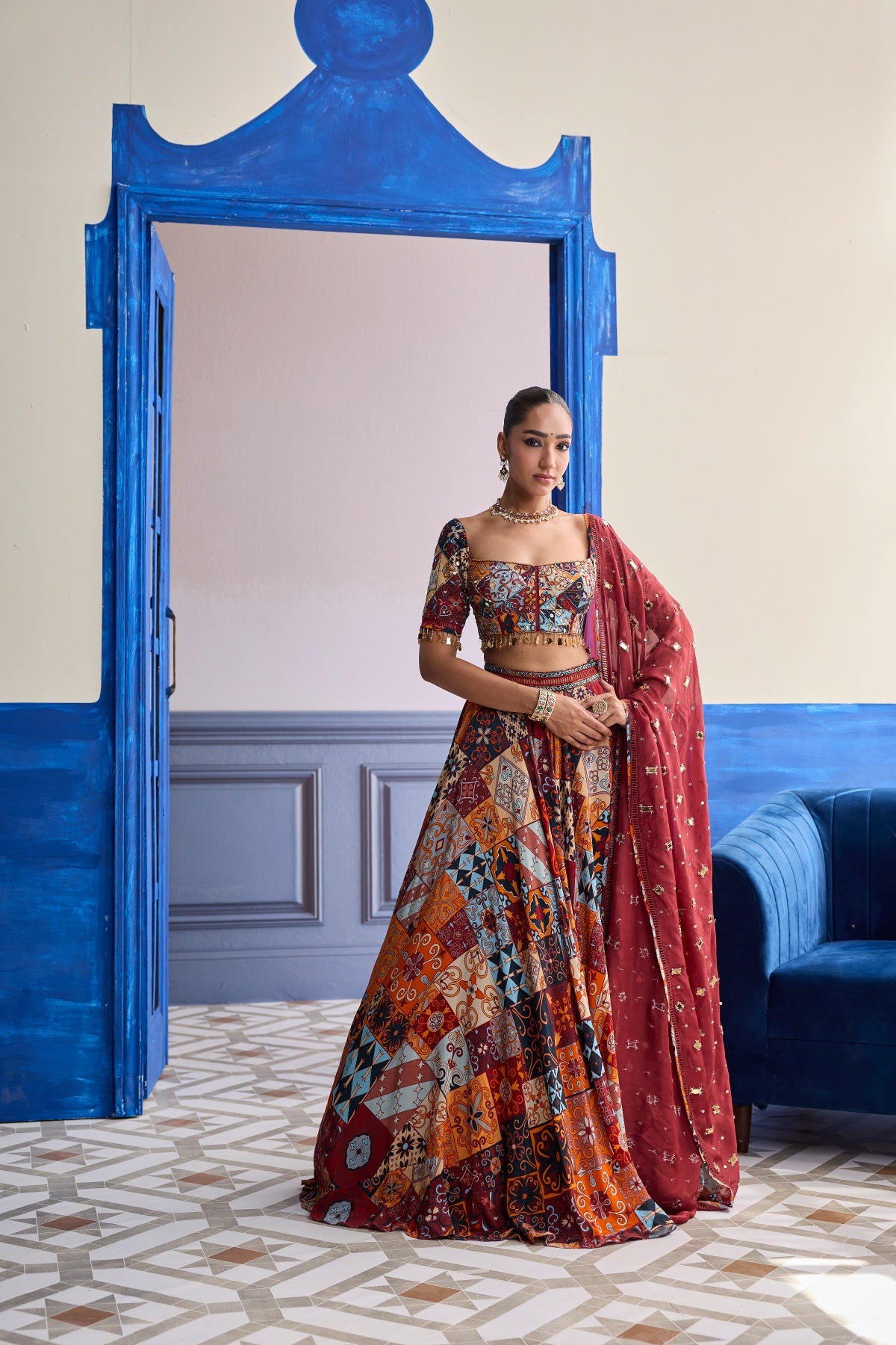 RUST HIGHLIGHTED BLOUSE WITH LEHENGA & EMBROIDERED DUPATTA SET