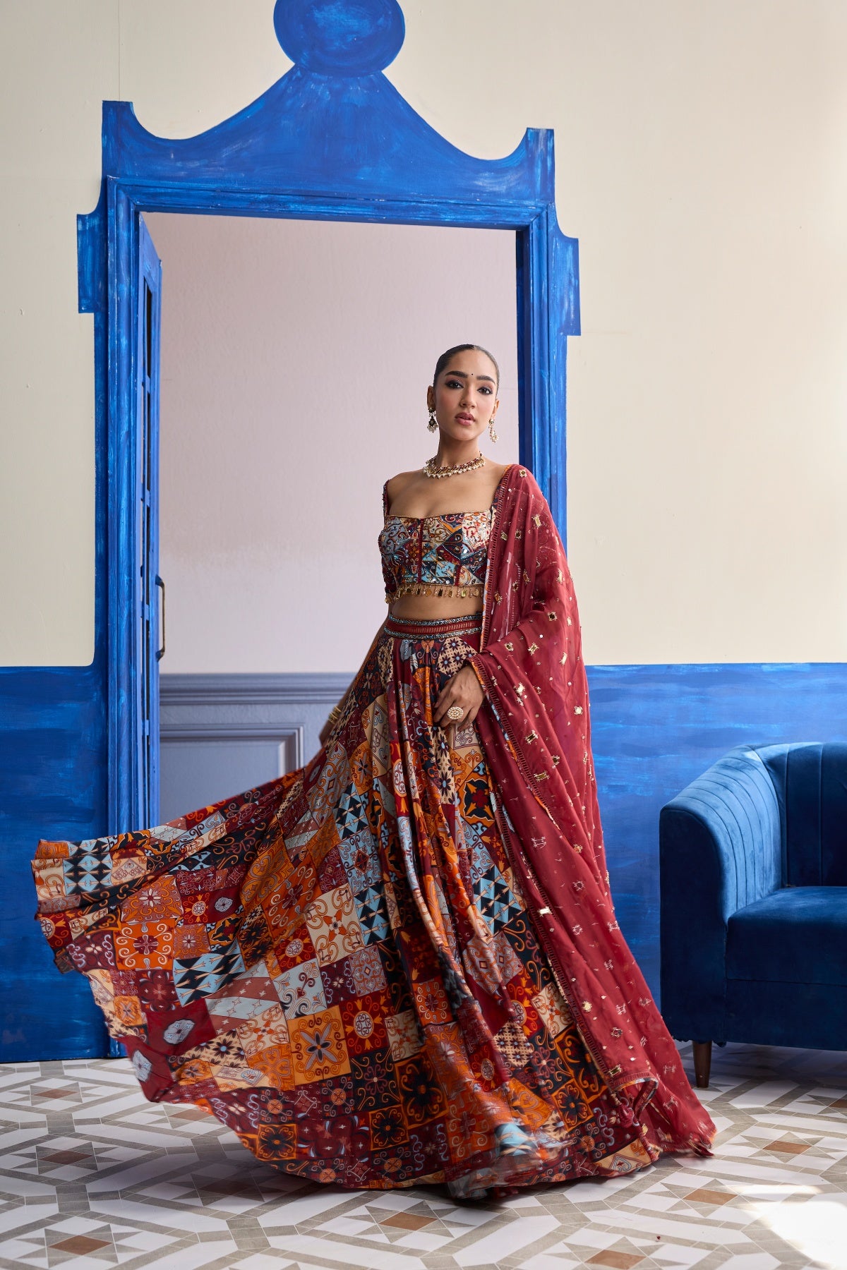 RUST HIGHLIGHTED BLOUSE WITH LEHENGA & EMBROIDERED DUPATTA SET