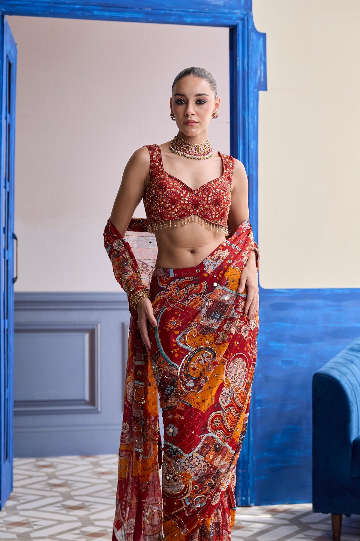 RUST MOSAIC HIGHLIGHTED BLOUSE WITH CLASSIC SKIRT SAREE SET