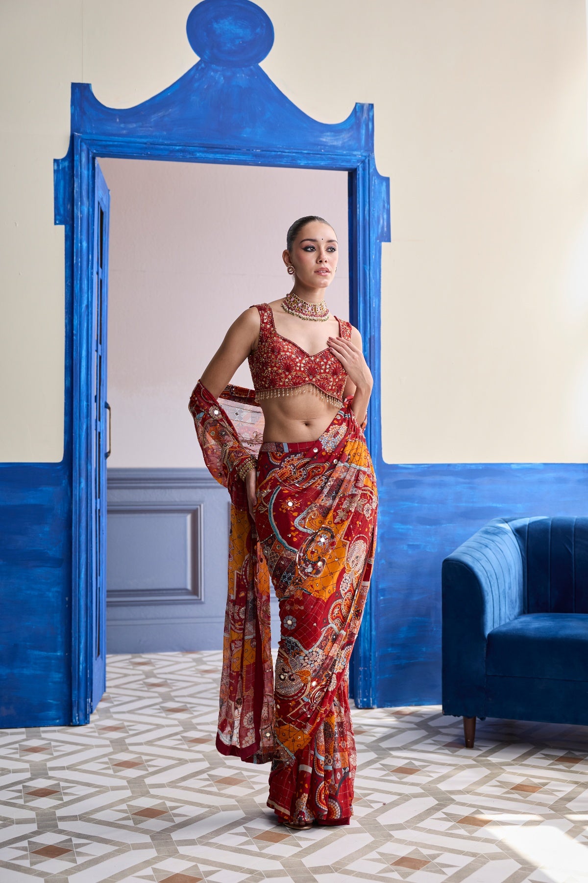 RUST MOSAIC HIGHLIGHTED BLOUSE WITH CLASSIC SKIRT SAREE SET