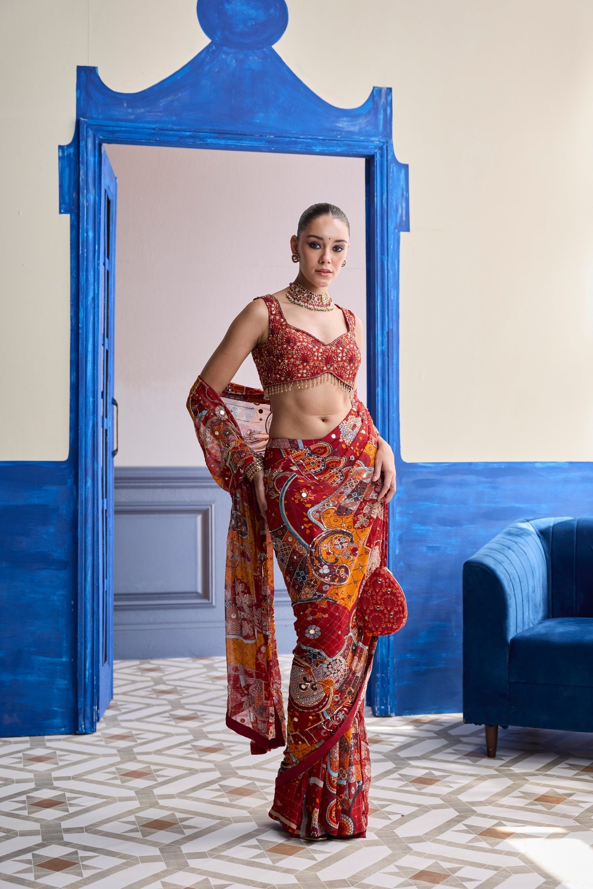 RUST MOSAIC HIGHLIGHTED BLOUSE WITH CLASSIC SKIRT SAREE SET