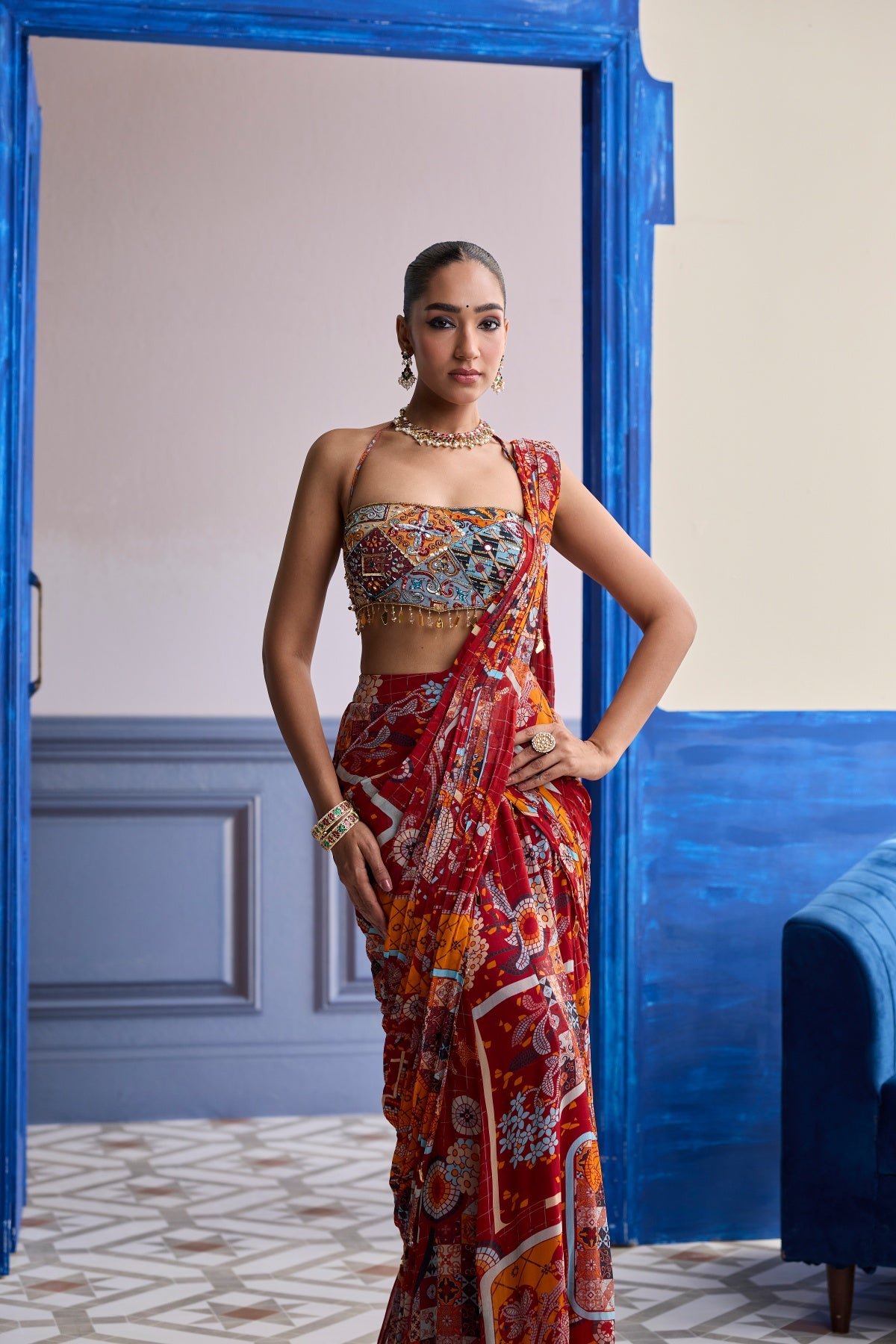 RUST MOSAIC BLOUSE WITH PRE-DRAPED PANELLED SAREE SET