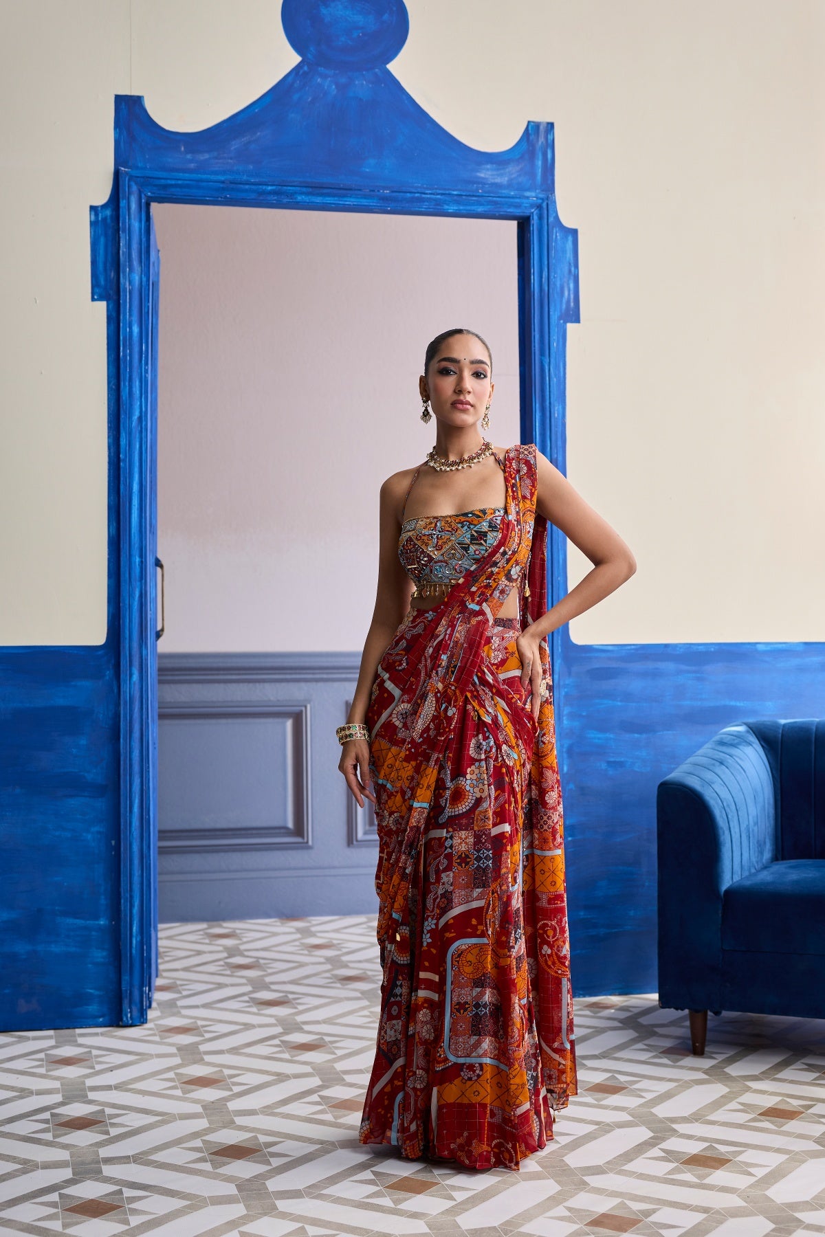 RUST MOSAIC BLOUSE WITH PRE-DRAPED PANELLED SAREE SET