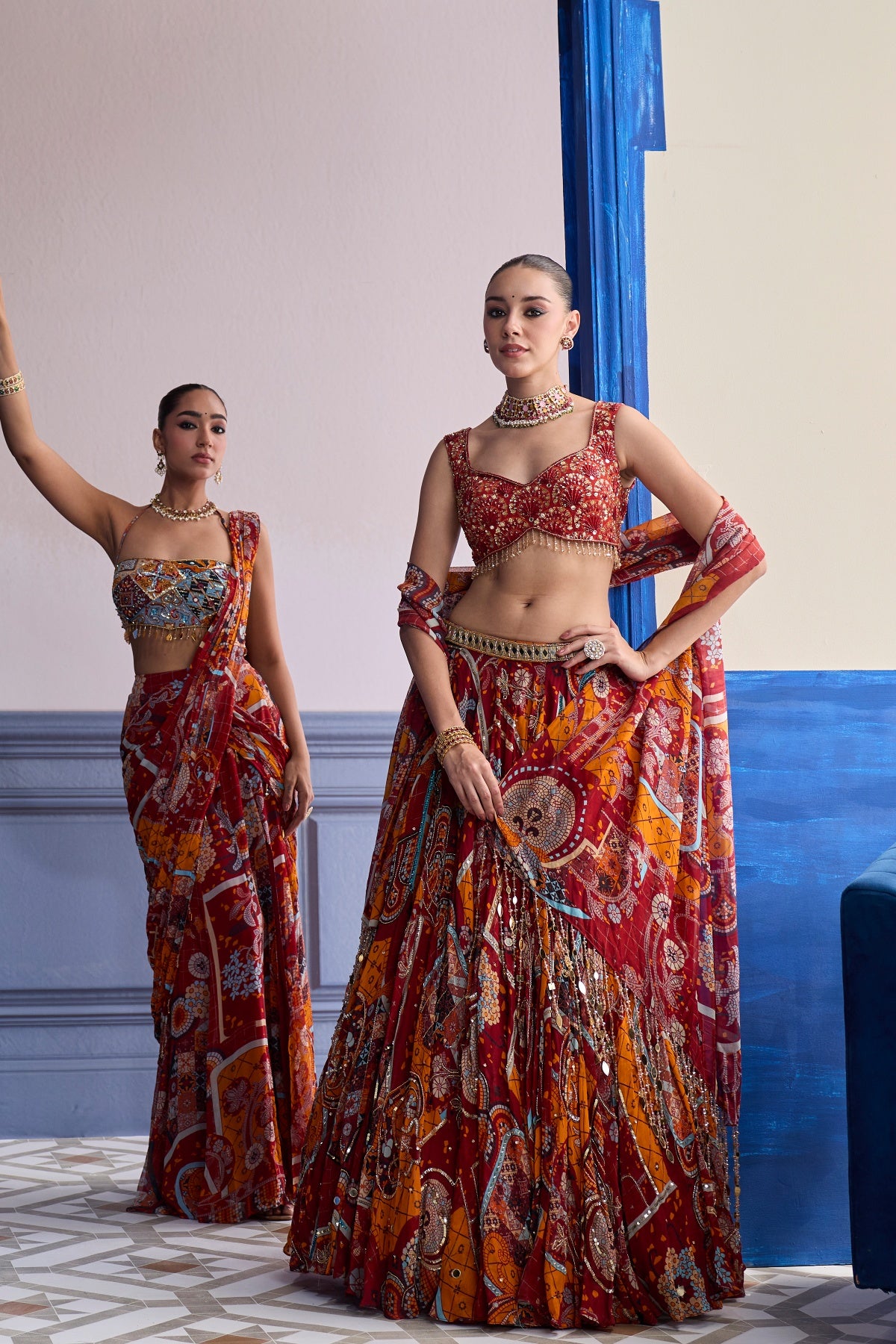 RUST MOSAIC BLOUSE WITH PRE-DRAPED PANELLED SAREE SET