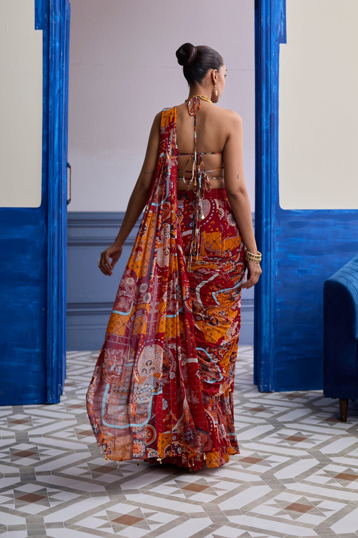 RUST MOSAIC BLOUSE WITH PRE-DRAPED PANELLED SAREE SET