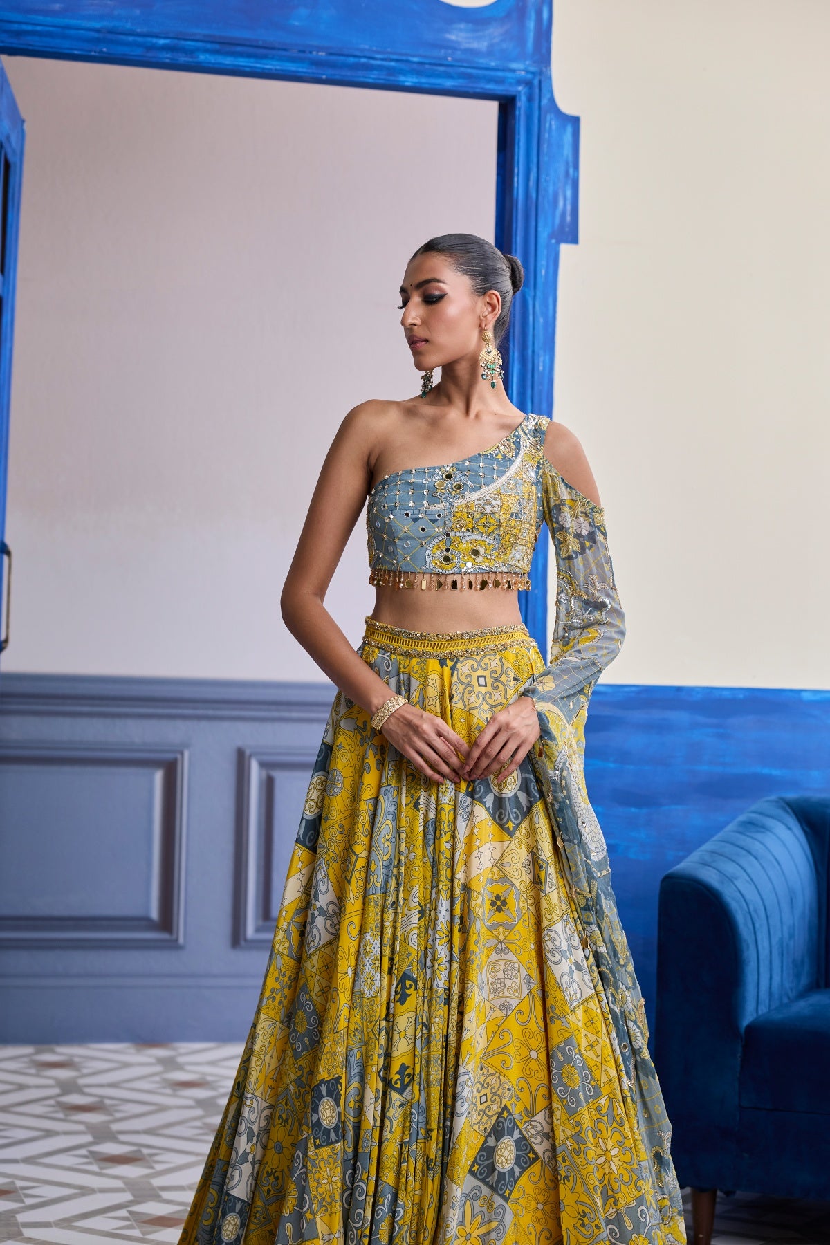 YELLOW MOSAIC ONE-SHOULDER BLOUSE WITH PRINTED LEHENGA SET