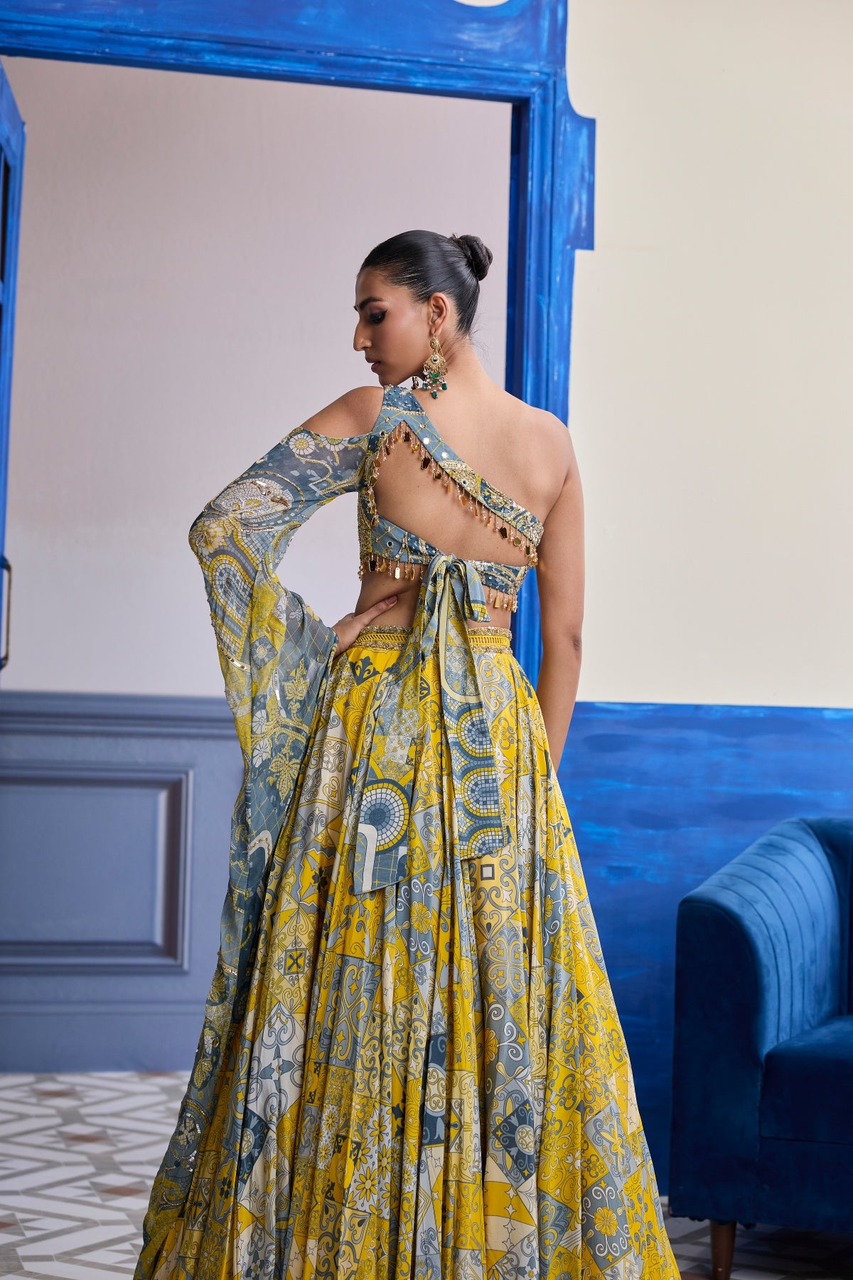 YELLOW MOSAIC ONE-SHOULDER BLOUSE WITH PRINTED LEHENGA SET