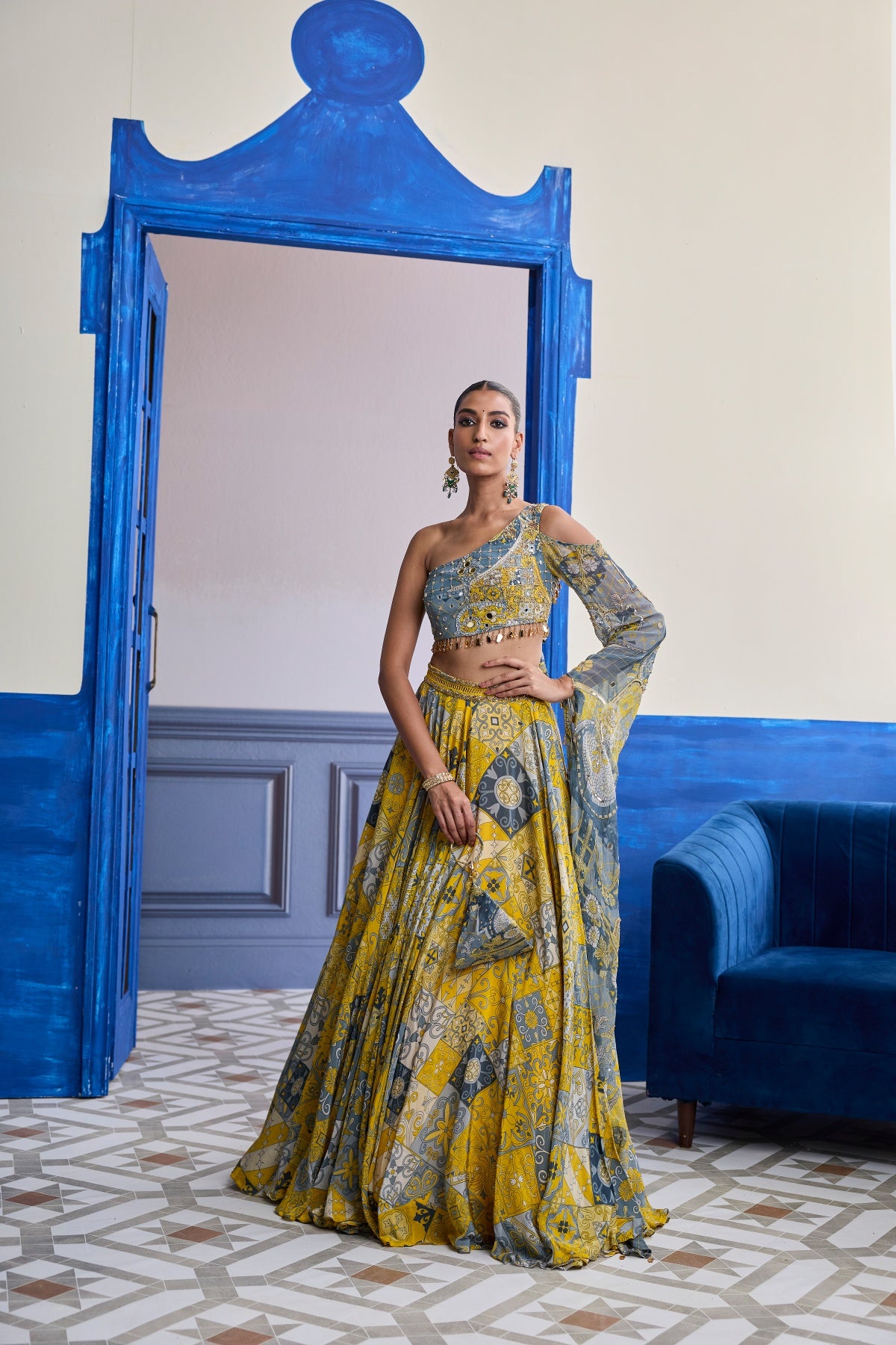 YELLOW MOSAIC ONE-SHOULDER BLOUSE WITH PRINTED LEHENGA SET