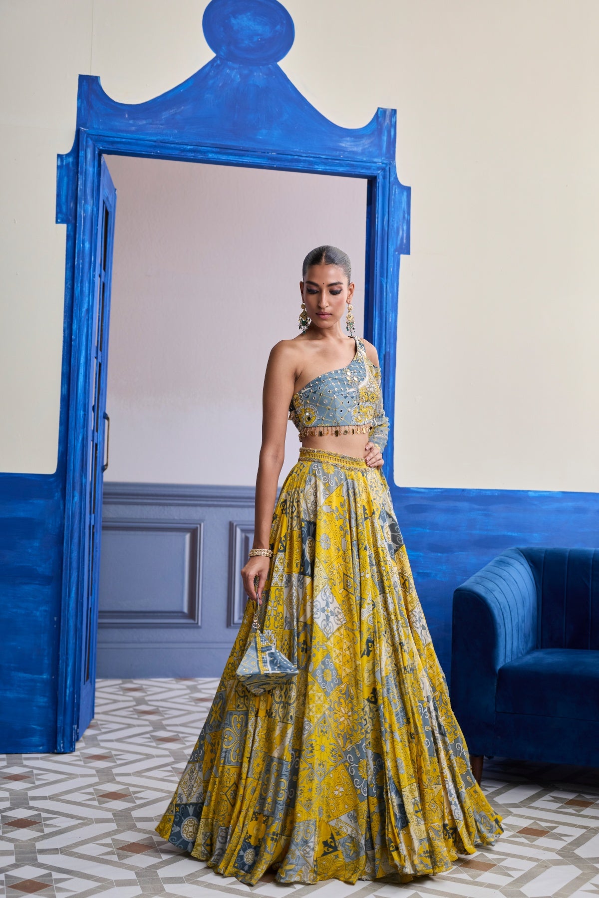 YELLOW MOSAIC ONE-SHOULDER BLOUSE WITH PRINTED LEHENGA SET