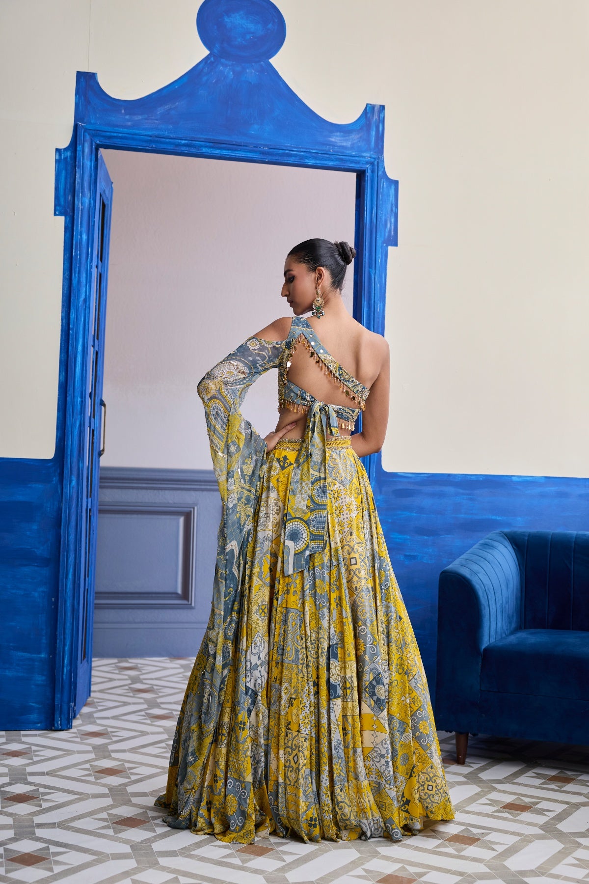 YELLOW MOSAIC ONE-SHOULDER BLOUSE WITH PRINTED LEHENGA SET