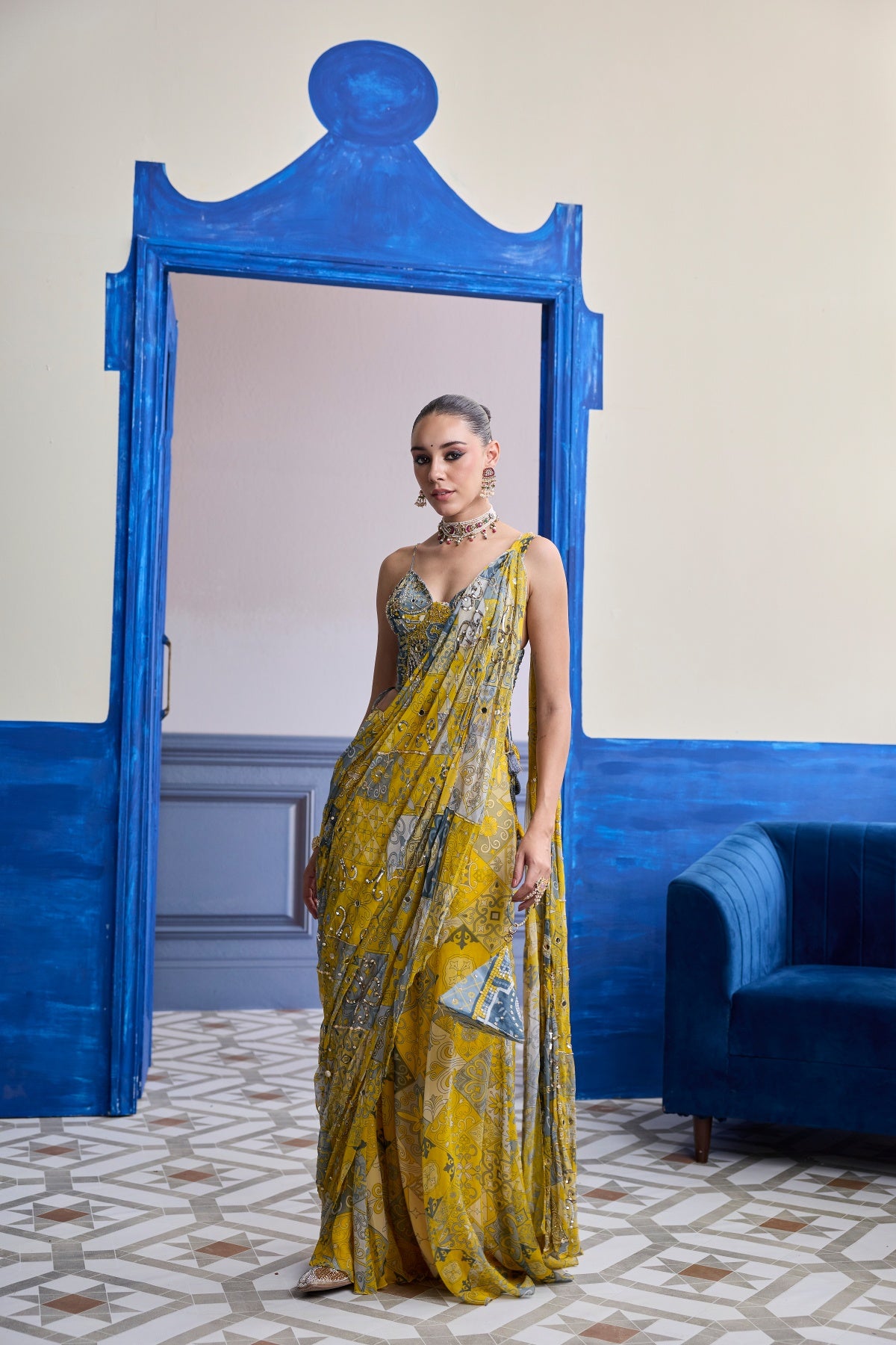 YELLOW GREY MOSAIC RUCHED CORSET WITH DRAPE SHARARA SAREE SET