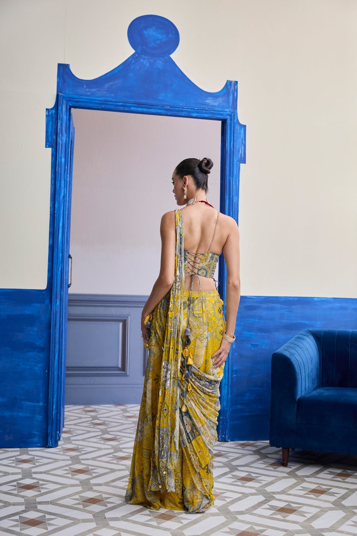 YELLOW GREY MOSAIC RUCHED CORSET WITH DRAPE SHARARA SAREE SET