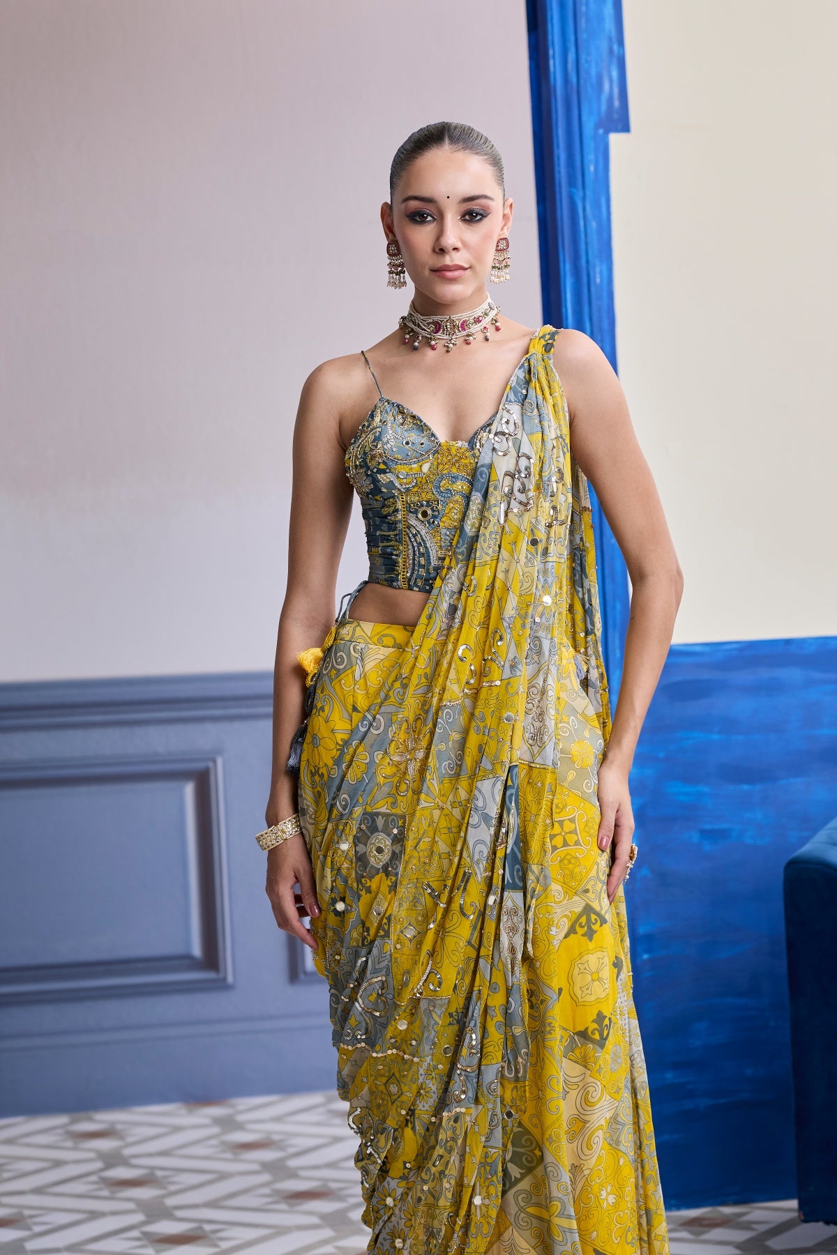 YELLOW GREY MOSAIC RUCHED CORSET WITH DRAPE SHARARA SAREE SET