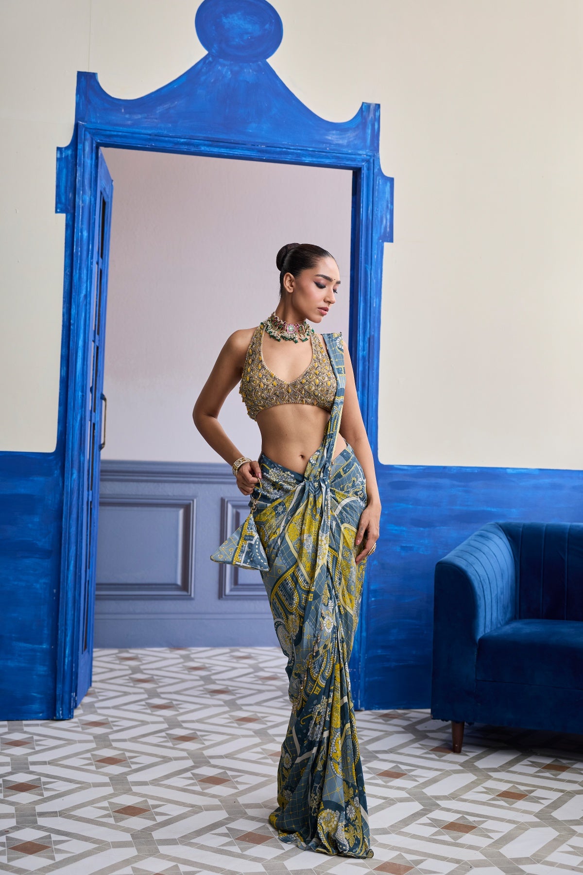GREY & YELLOW GEOMETRIC HALTER BLOUSE WITH DHOTI SKIRT SAREE SET