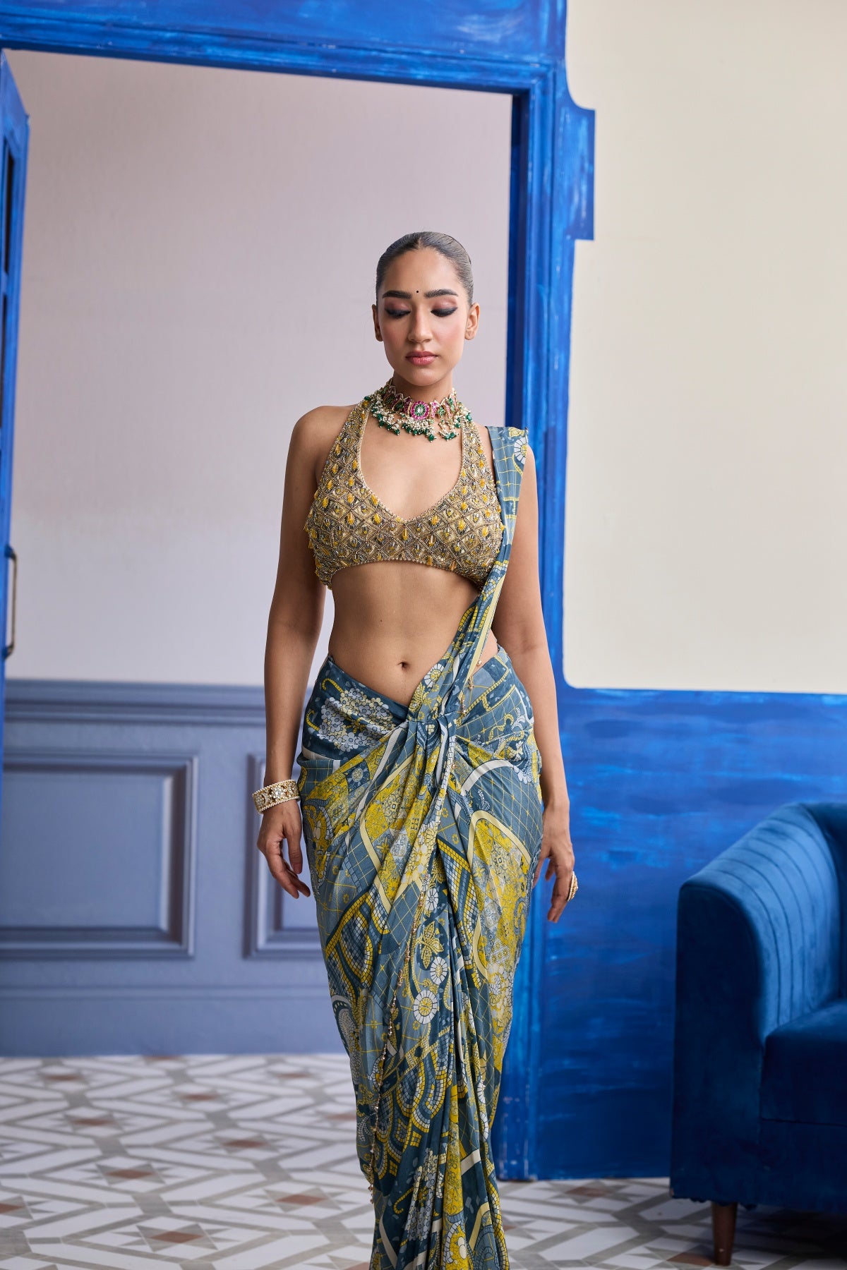 GREY & YELLOW GEOMETRIC HALTER BLOUSE WITH DHOTI SKIRT SAREE SET