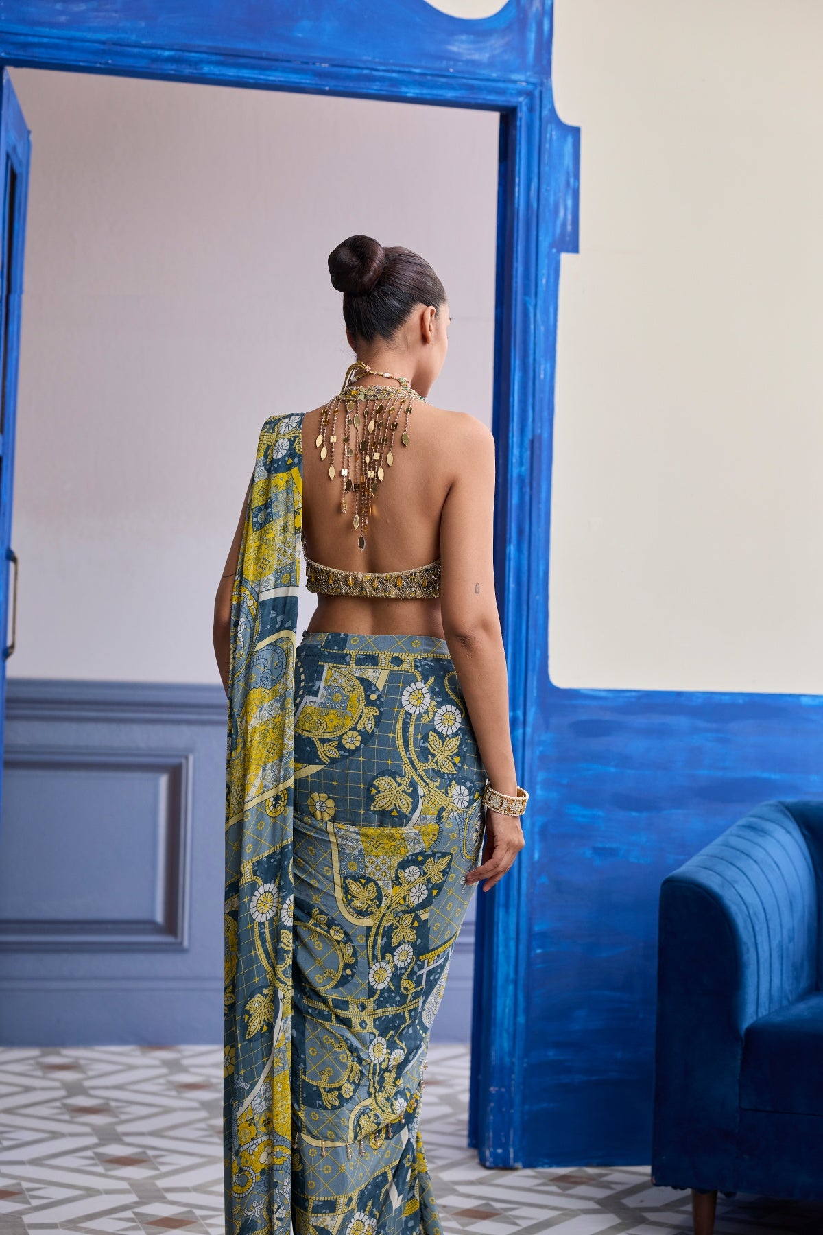 GREY & YELLOW GEOMETRIC HALTER BLOUSE WITH DHOTI SKIRT SAREE SET