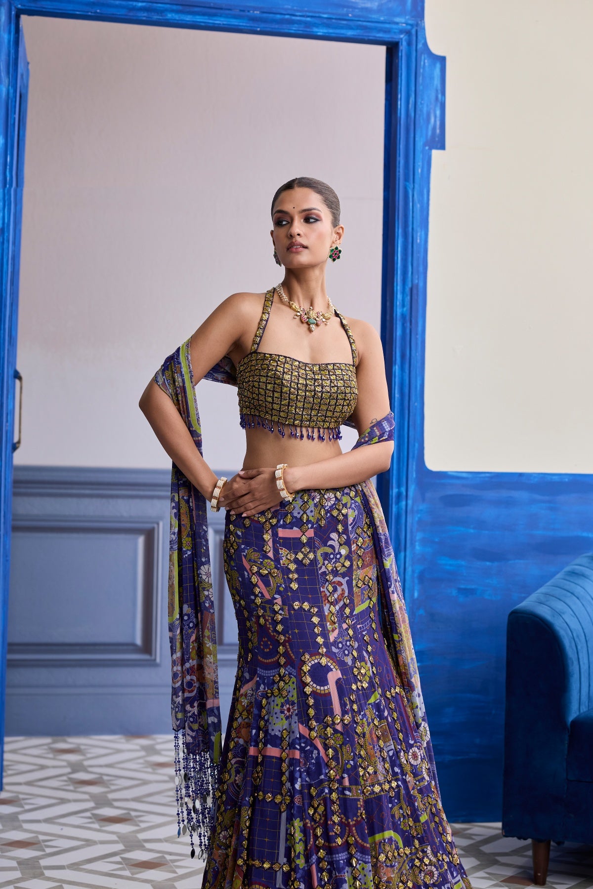 NEON GREEN EMBROIDERED BLOUSE WITH MERMAID SKIRT & TASSEL DUPATTA SET