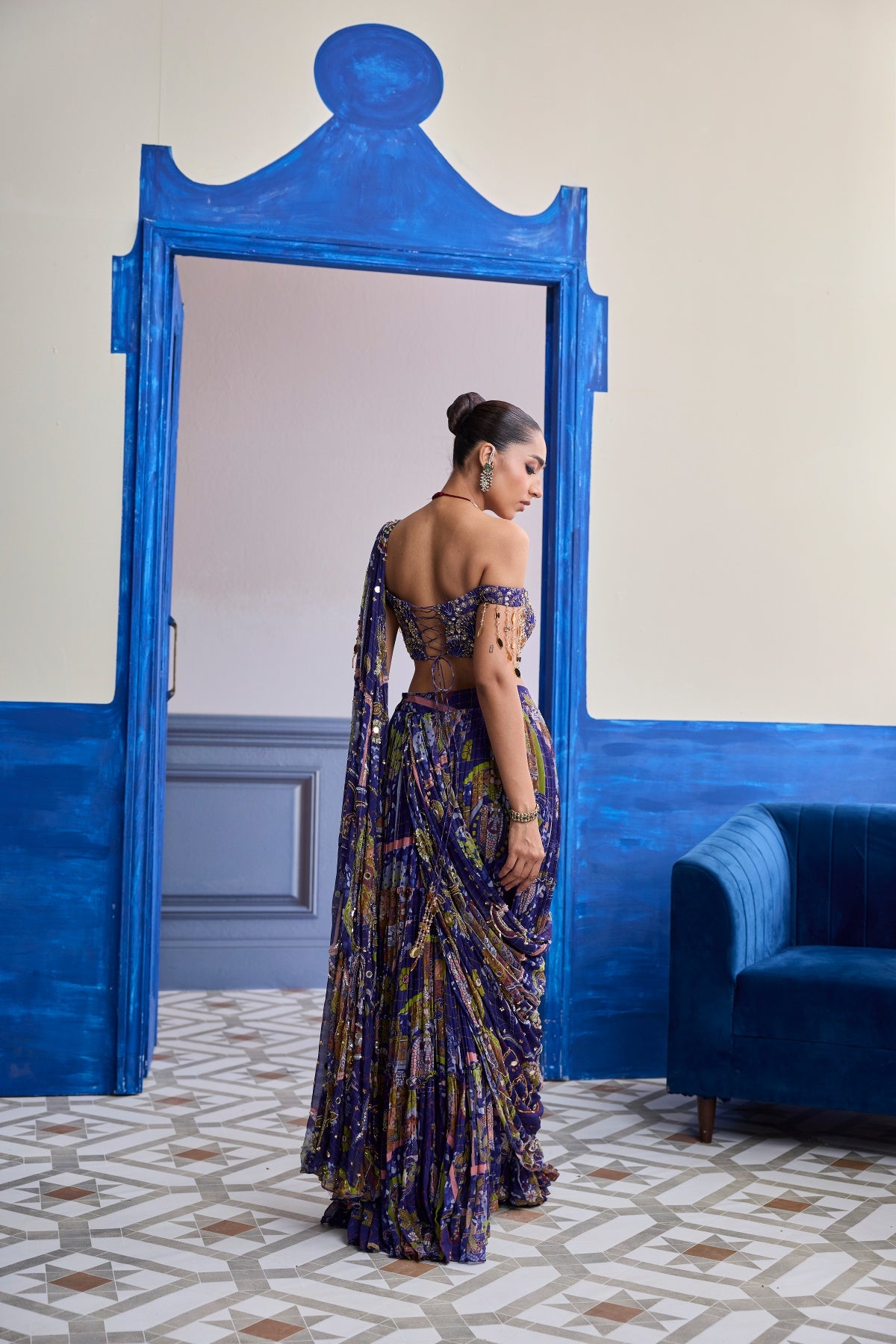 VIOLET MOSAIC OFF-SHOULDER BLOUSE WITH DRAPE TIERED SKIRT SAREE SET