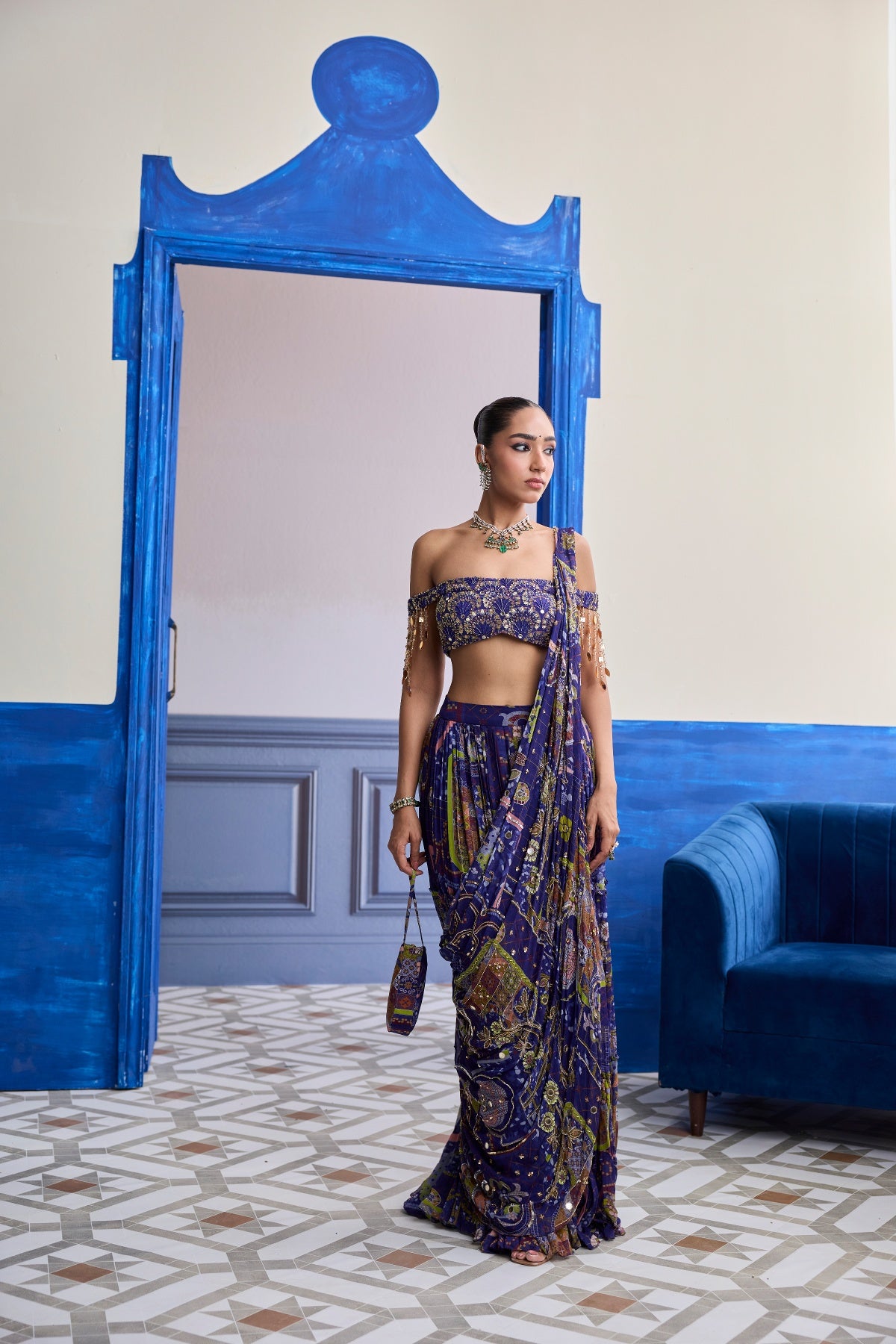 VIOLET MOSAIC OFF-SHOULDER BLOUSE WITH DRAPE TIERED SKIRT SAREE SET
