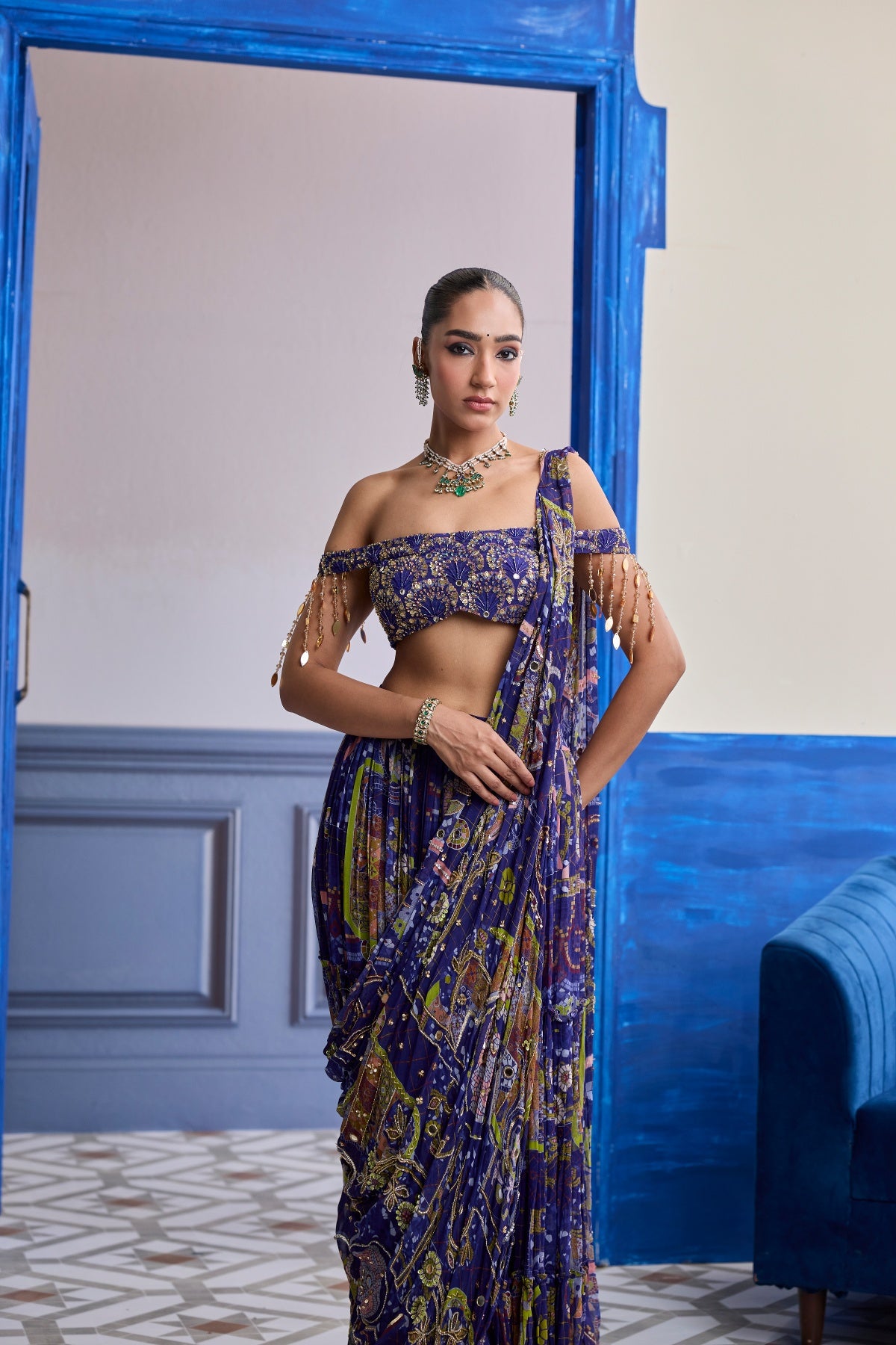 VIOLET MOSAIC OFF-SHOULDER BLOUSE WITH DRAPE TIERED SKIRT SAREE SET