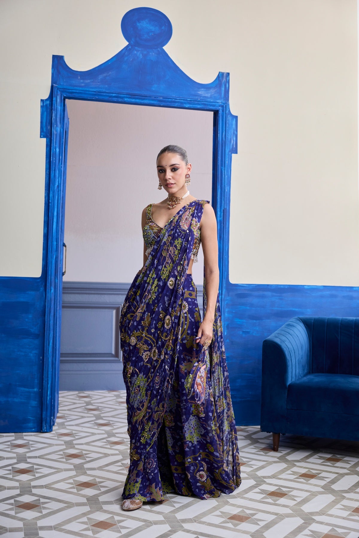 VIOLET MOSAIC BLOUSE WITH DRAPE SHARARA SAREE SET