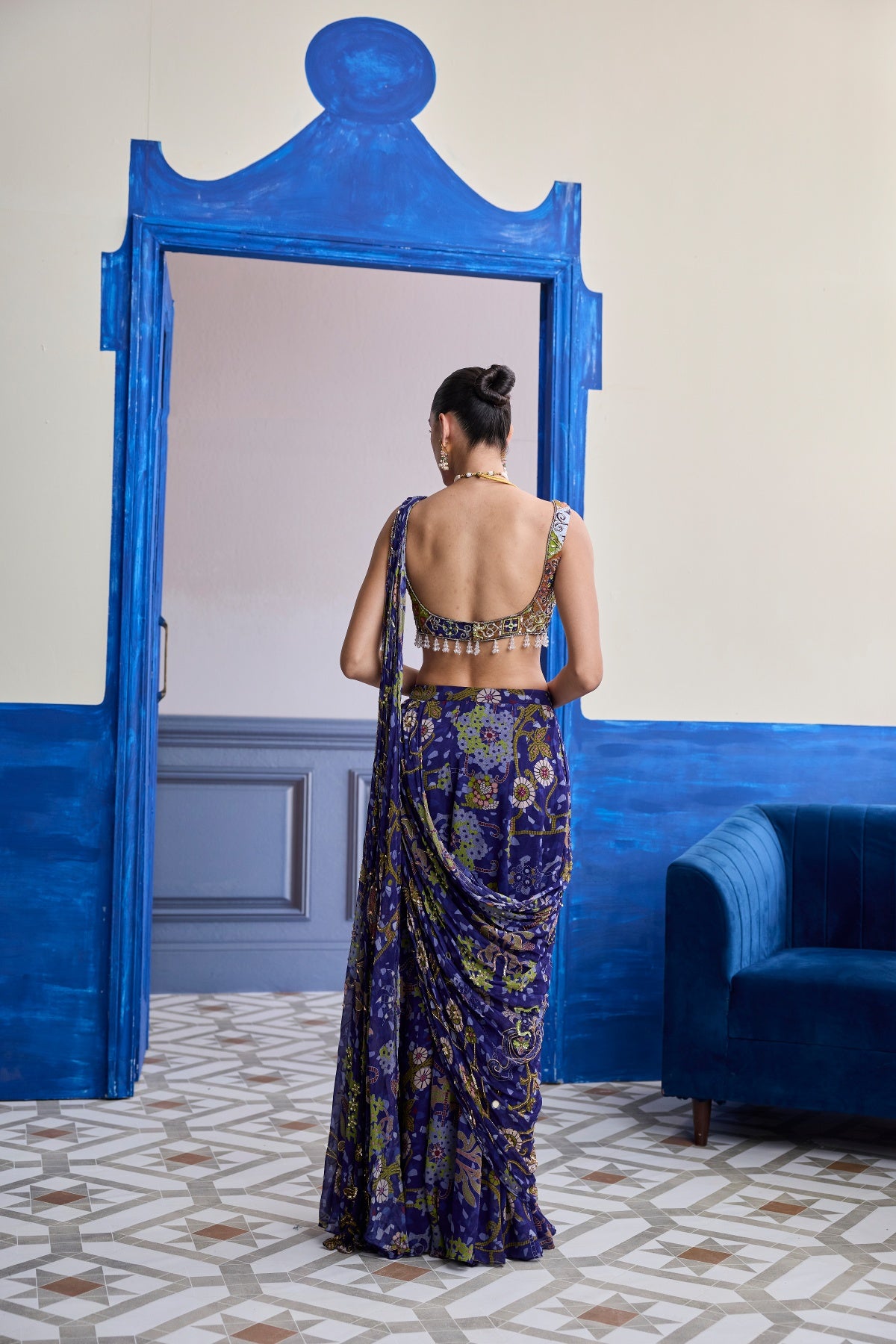 VIOLET MOSAIC BLOUSE WITH DRAPE SHARARA SAREE SET