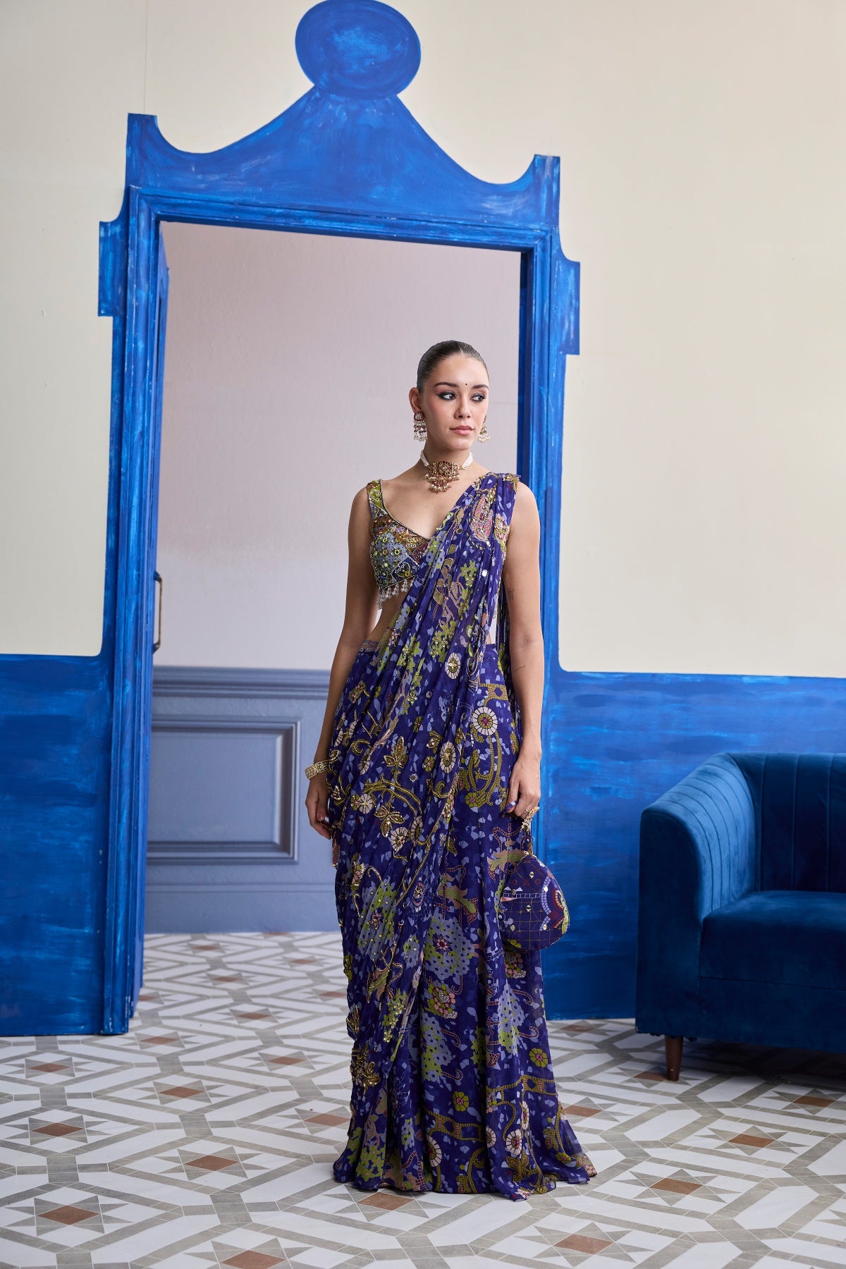 VIOLET MOSAIC BLOUSE WITH DRAPE SHARARA SAREE SET