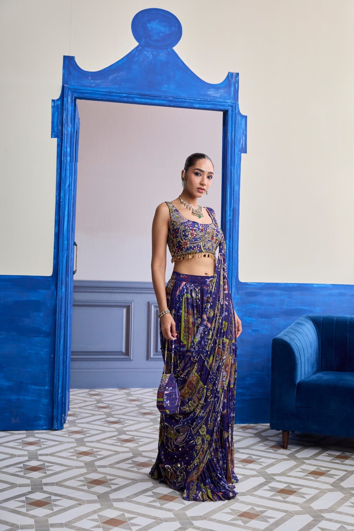 VIOLET MOSAIC BLOUSE WITH DRAPE TIERED SKIRT SAREE SET