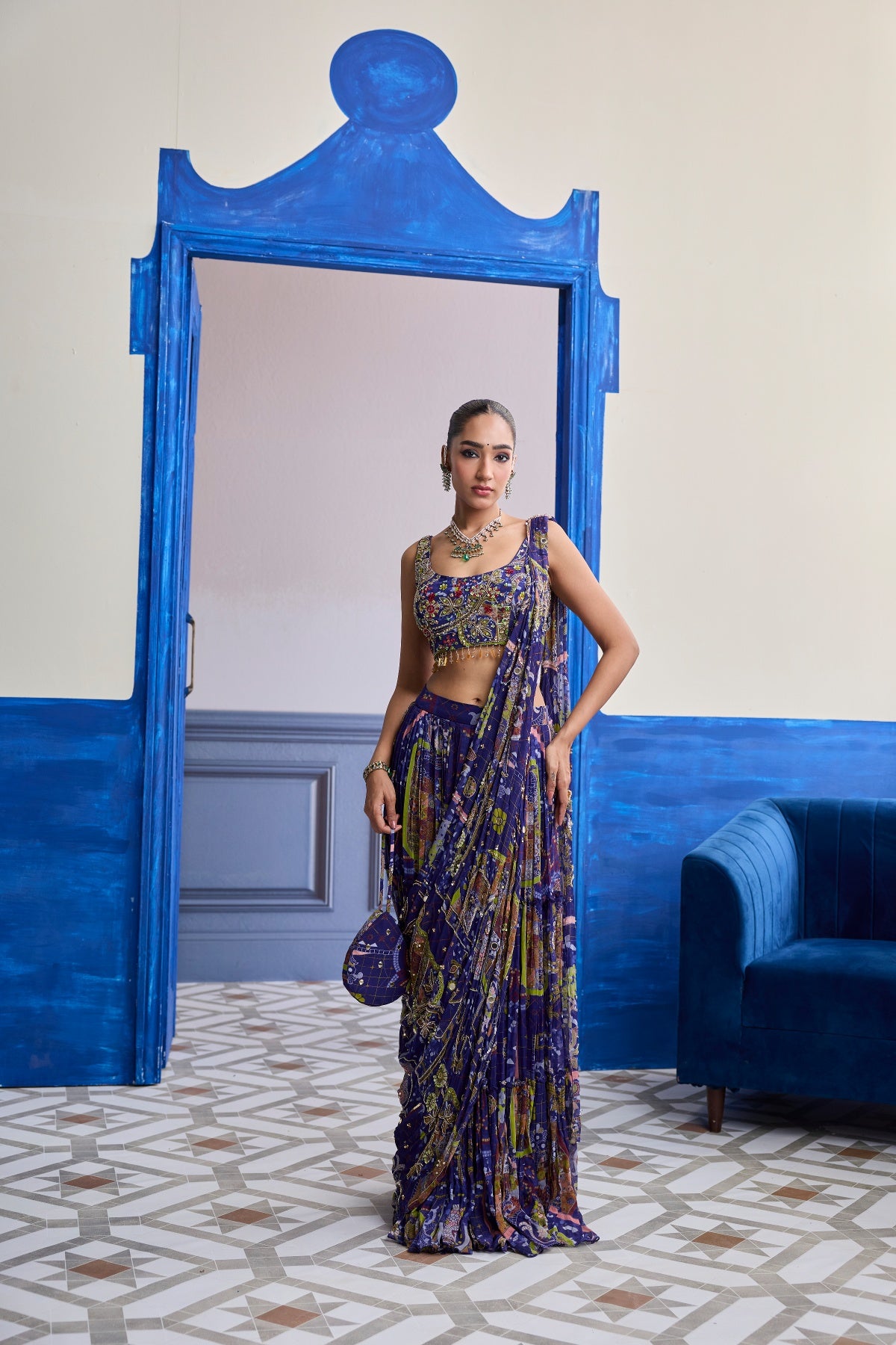 VIOLET MOSAIC BLOUSE WITH DRAPE TIERED SKIRT SAREE SET