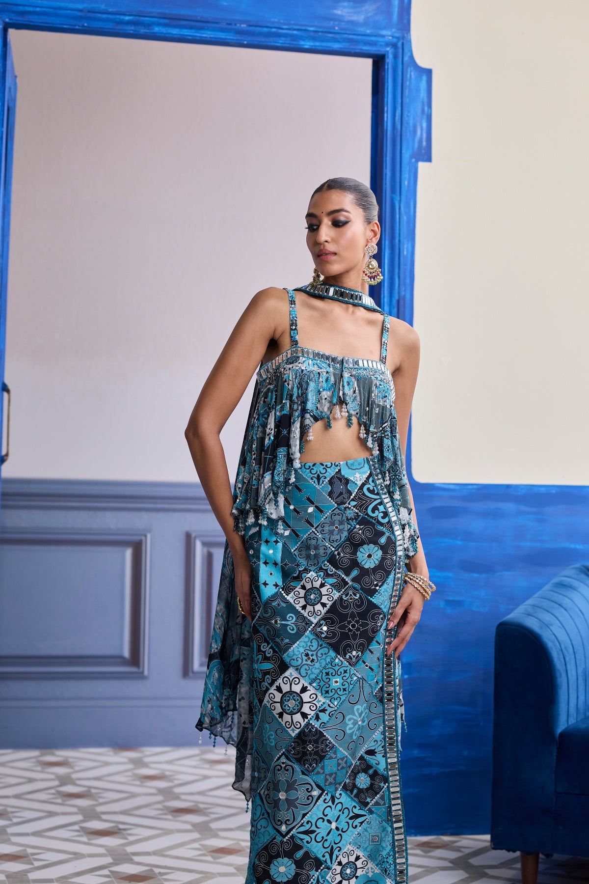 TEAL & BLACK MOSAIC PEPLUM WITH SLIT SKIRT & CHOKER DUPATTA SET