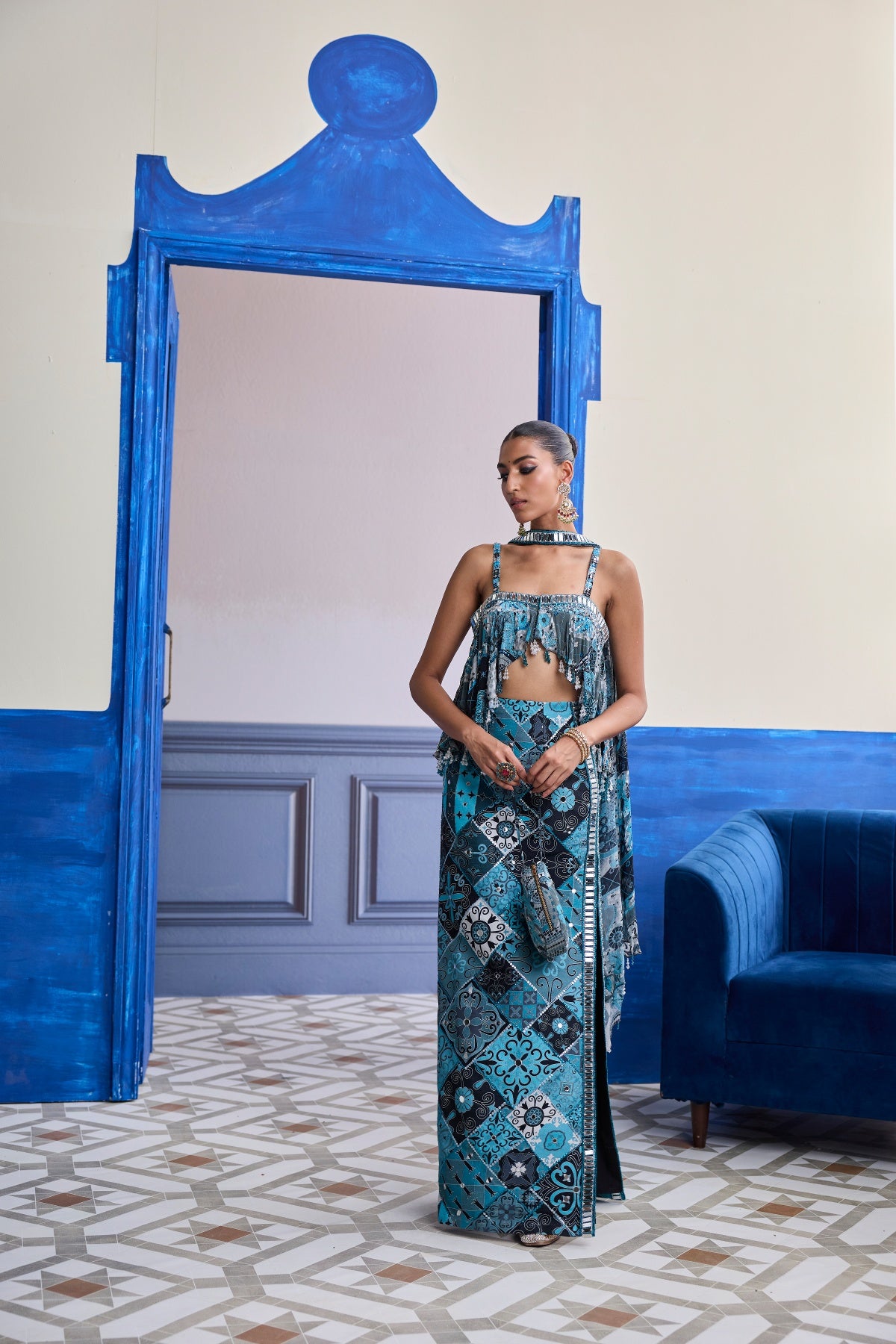 TEAL & BLACK MOSAIC PEPLUM WITH SLIT SKIRT & CHOKER DUPATTA SET