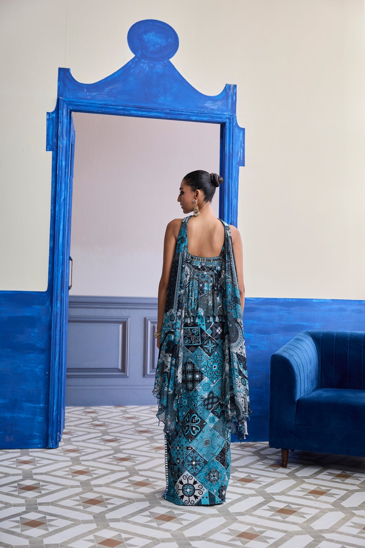 TEAL & BLACK MOSAIC PEPLUM WITH SLIT SKIRT & CHOKER DUPATTA SET