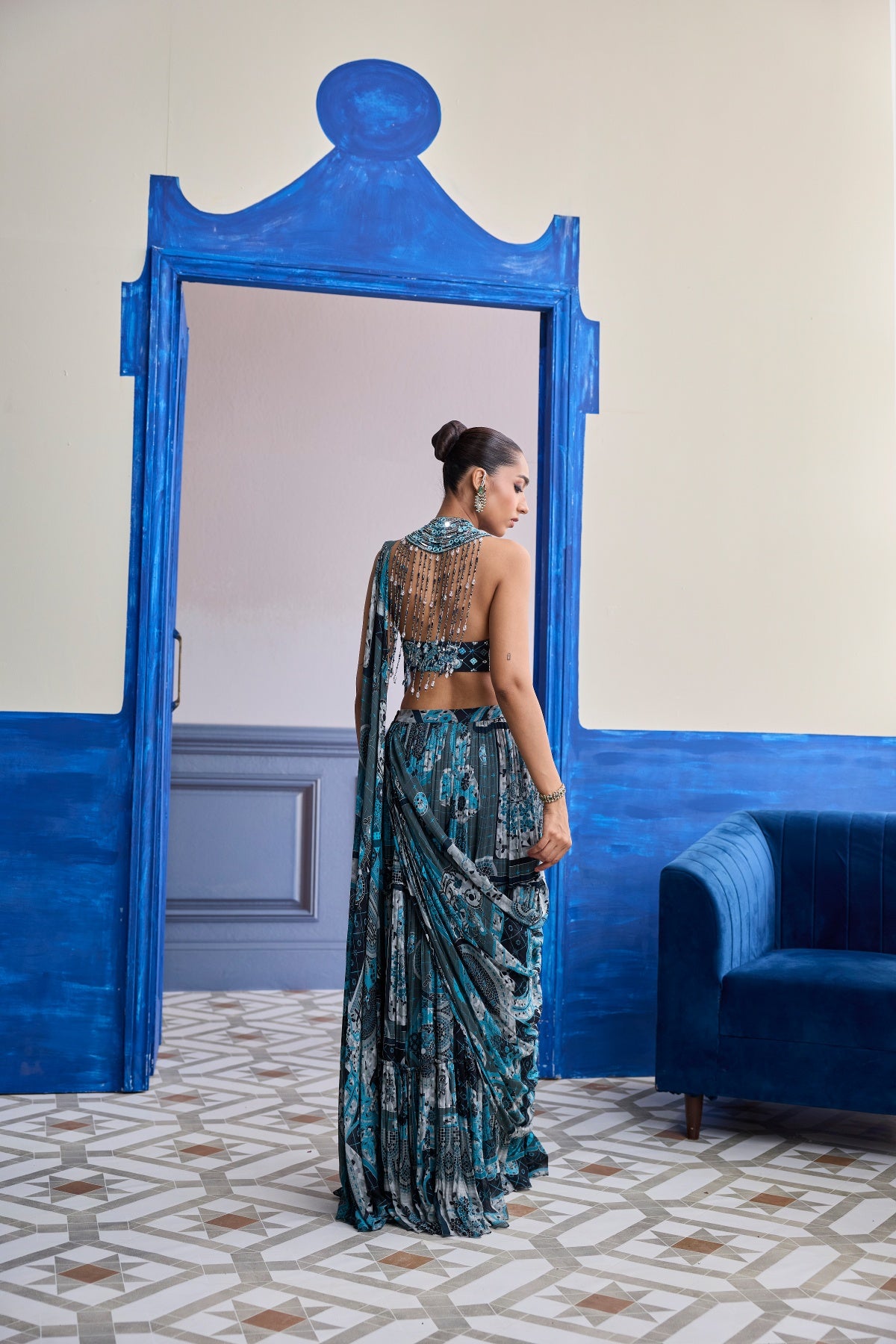 TEAL MOSAIC HALTER BLOUSE WITH TIERED SKIRT SAREE SET