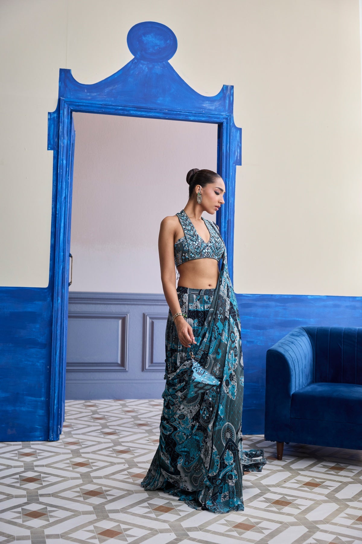 TEAL MOSAIC HALTER BLOUSE WITH TIERED SKIRT SAREE SET