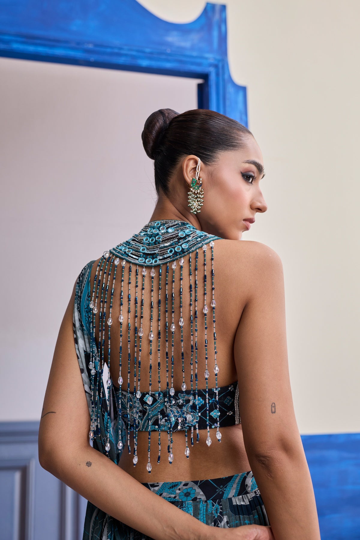 TEAL MOSAIC HALTER BLOUSE WITH TIERED SKIRT SAREE SET