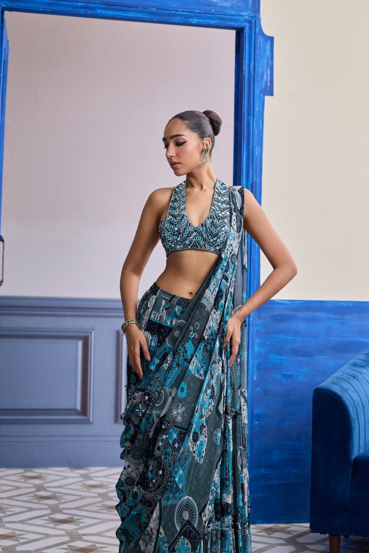TEAL MOSAIC HALTER BLOUSE WITH TIERED SKIRT SAREE SET