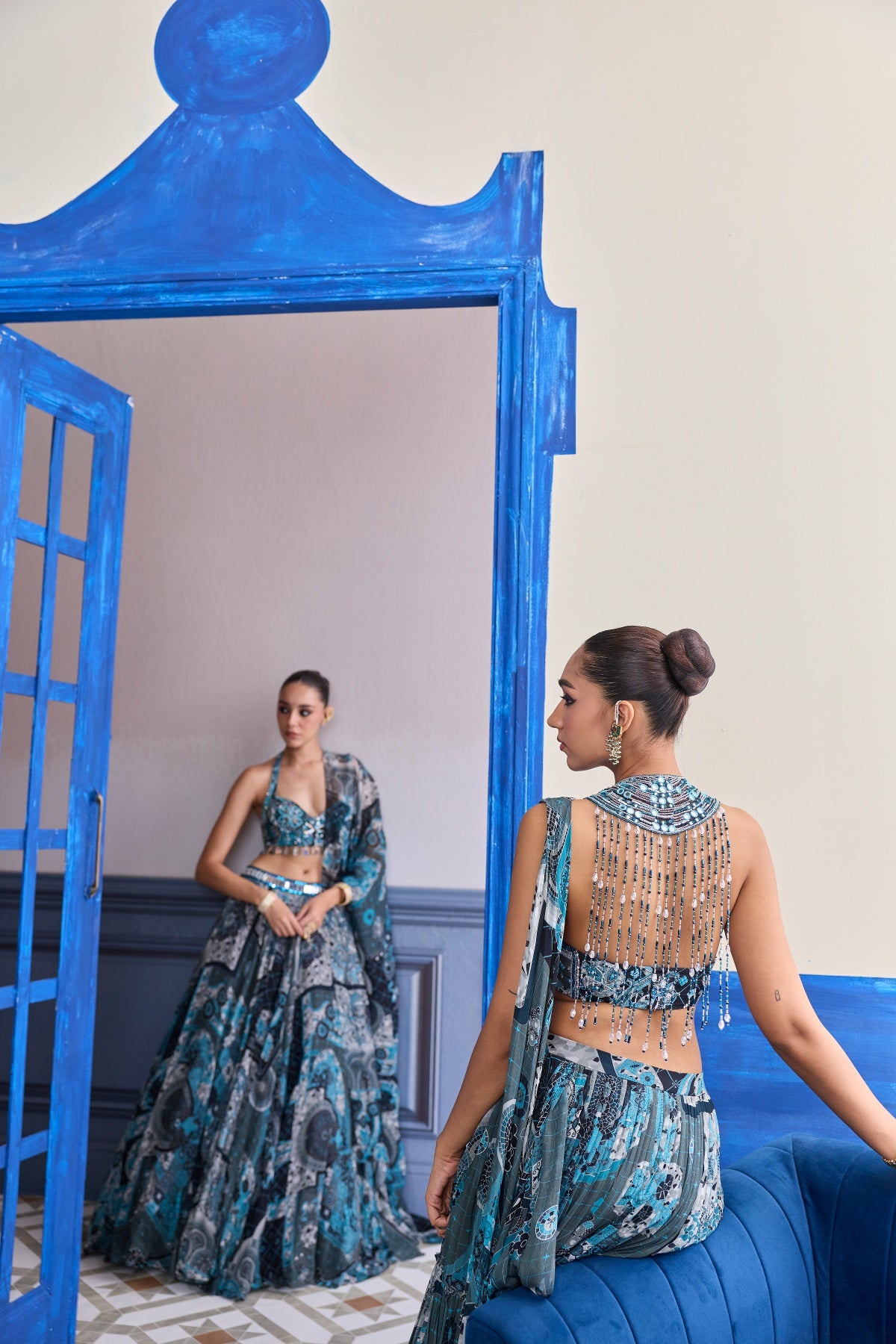 TEAL MOSAIC HALTER BLOUSE WITH TIERED SKIRT SAREE SET